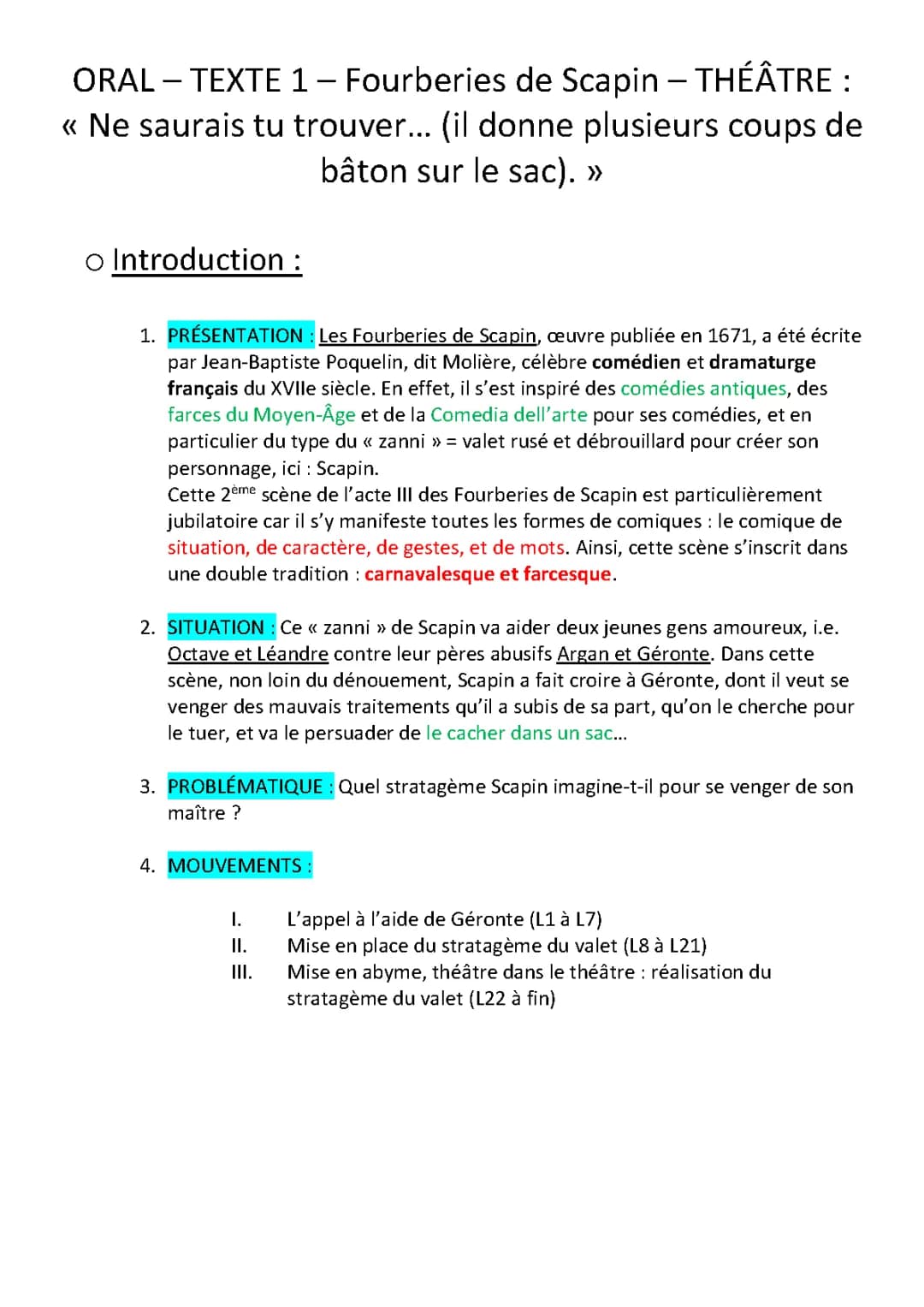Analyse linéaire Les Fourberies de Scapin: Actes 1, 2, et 3