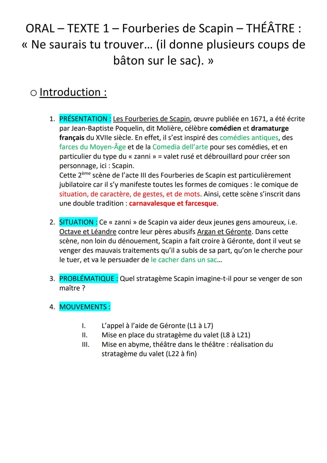 ORAL-TEXTE 1 - Fourberies de Scapin - THÉÂTRE :
<< Ne saurais tu trouver... (il donne plusieurs coups de
bâton sur le sac). >>
o Introductio