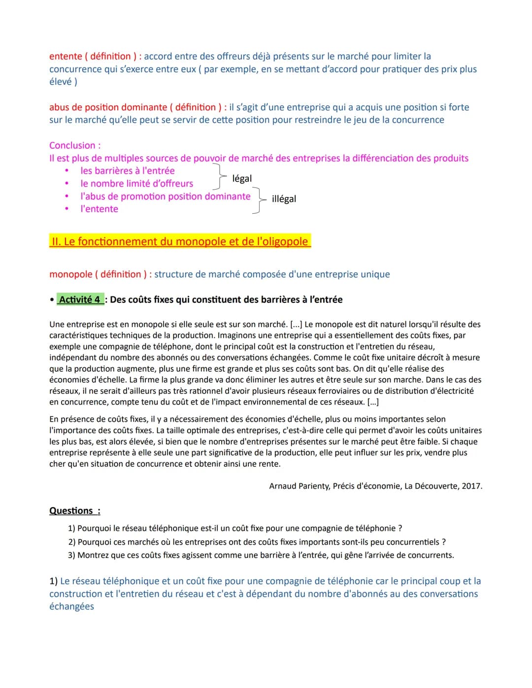 Chapitre 3 - Comment les marchés imparfaitement concurrentiels
fonctionnent-ils?
Concurrence imparfaite (définition ) : dès qu'au moins une 