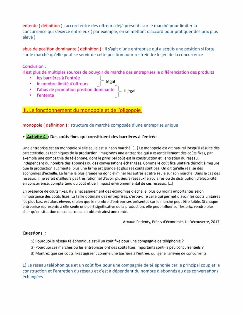 Chapitre 3 - Comment les marchés imparfaitement concurrentiels
fonctionnent-ils?
Concurrence imparfaite (définition ) : dès qu'au moins une 