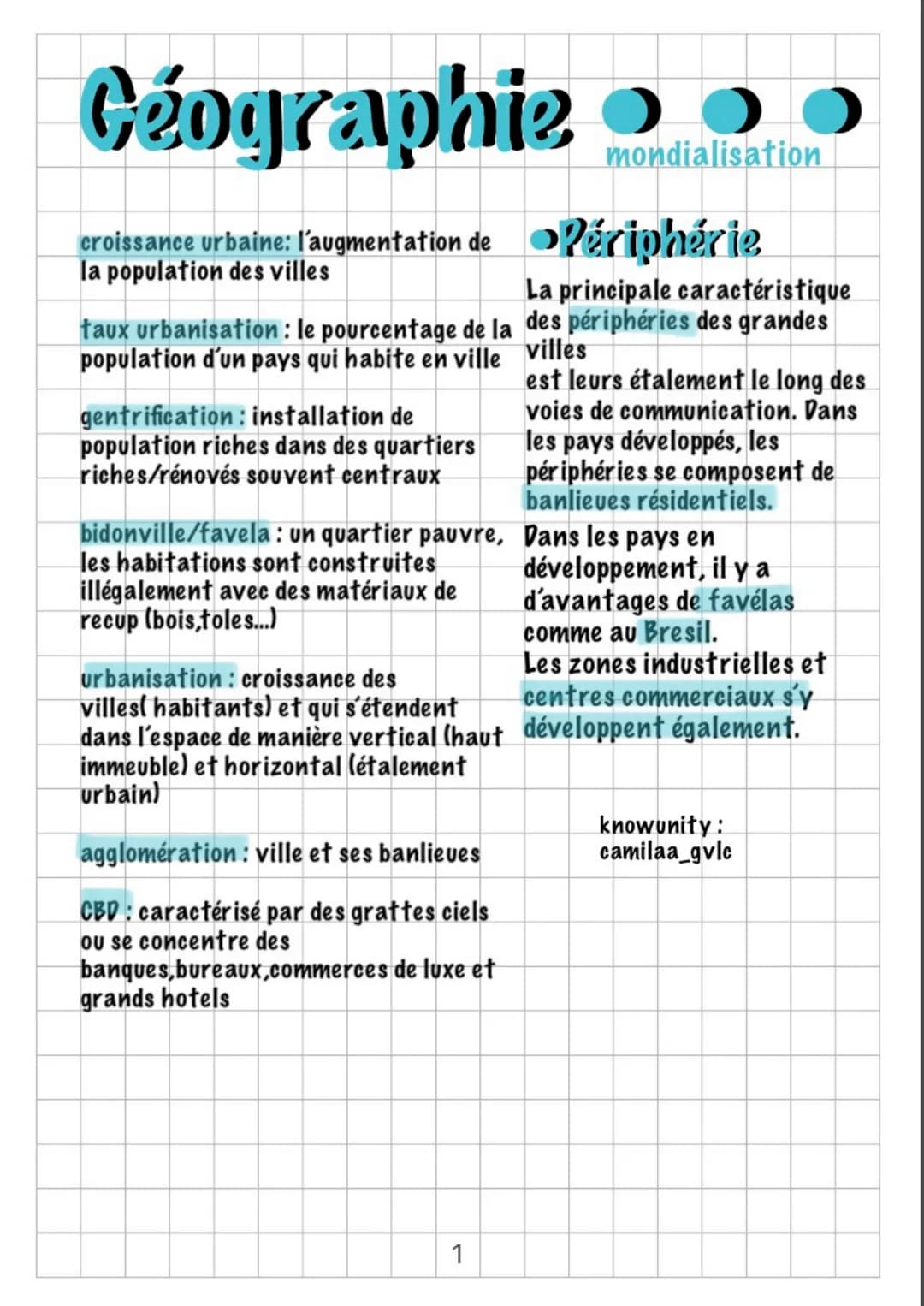 Géographie
croissance urbaine: l'augmentation de Périphérie
la population des villes
taux urbanisation : le pourcentage de la
population d'u
