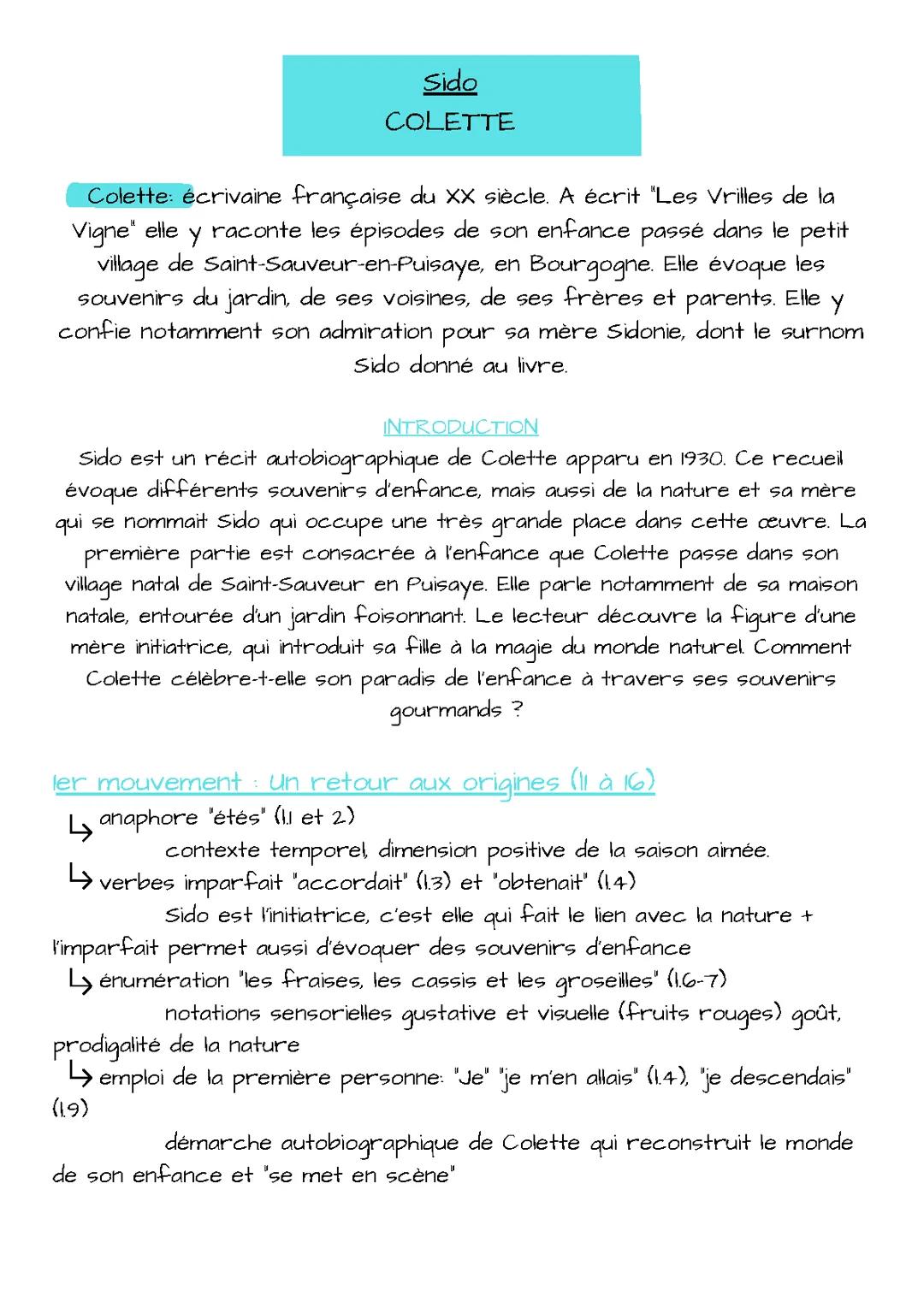 Analyse linéaire : Étés réverbérés, extrait de Sido par Colette