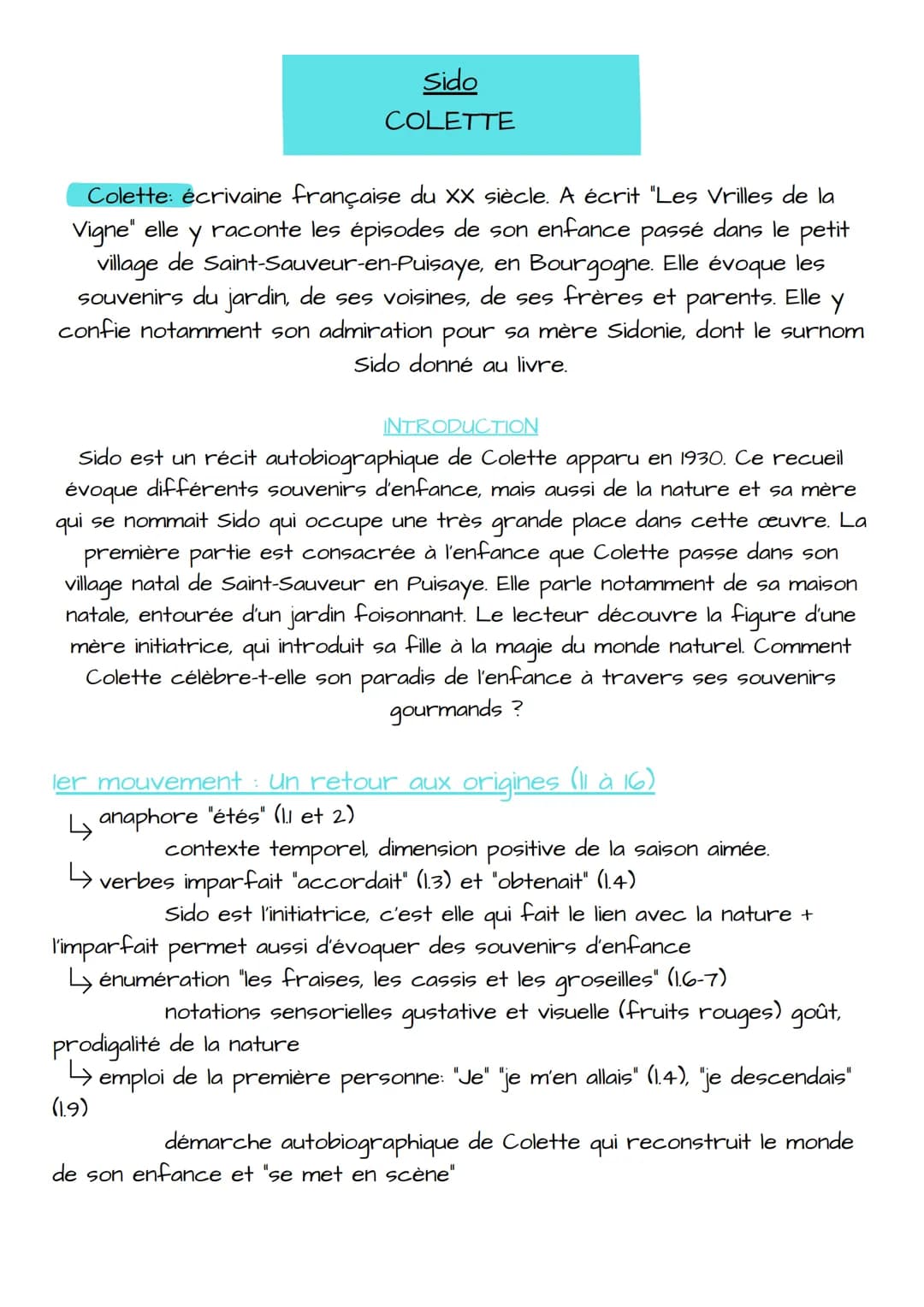 Sido
COLETTE
Colette: écrivaine française du XX siècle. A écrit "Les Vrilles de la
Vigne" elle Y raconte les épisodes de son enfance passé d