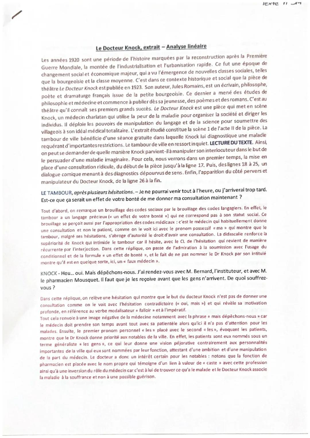 Knock acte 2 scène 1 analyse linéaire PDF et texte - Résumé et personnages