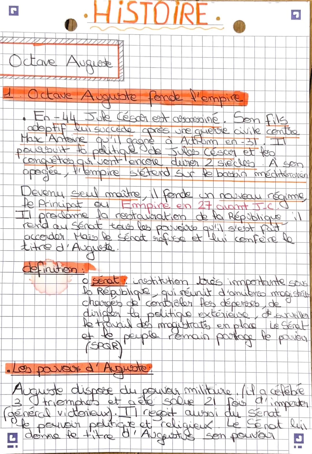 •HISTOIRE.
Diper
Octave Auguste
4 Octave Auguste fende l'empire.
En-44 Jupe César est assassiné. Son fils
adeptif lui succede près une querr