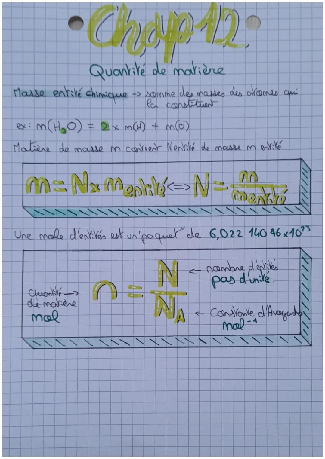 。
# Chap 12.
Quantité de matière

Masse entire chimique somme des masses des arcomes qui
la constituent

ex: m(H₂O) = 2x3(H) + 3(0)
Matière 
