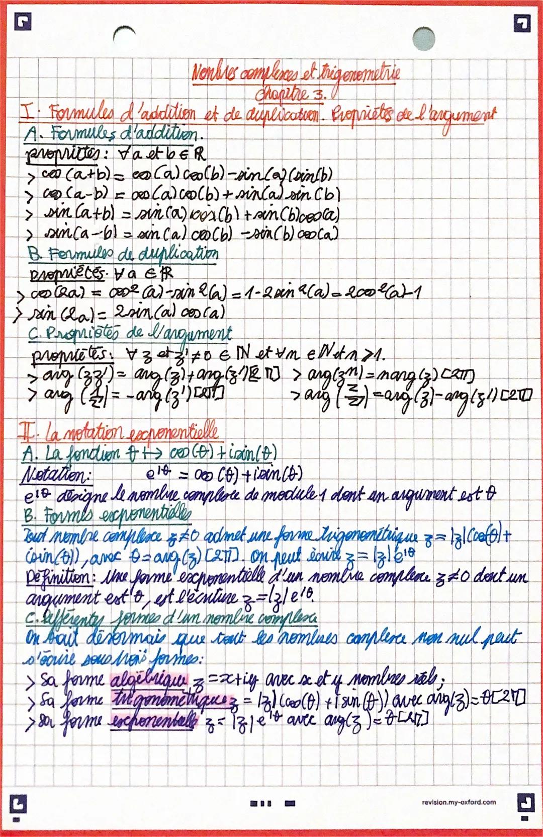# Nombres complexes et et trigonometr trigonometrie
Chapitre 3.
I. Formules d'addition et de duplication. Proprietos de l'argument
A. Formul