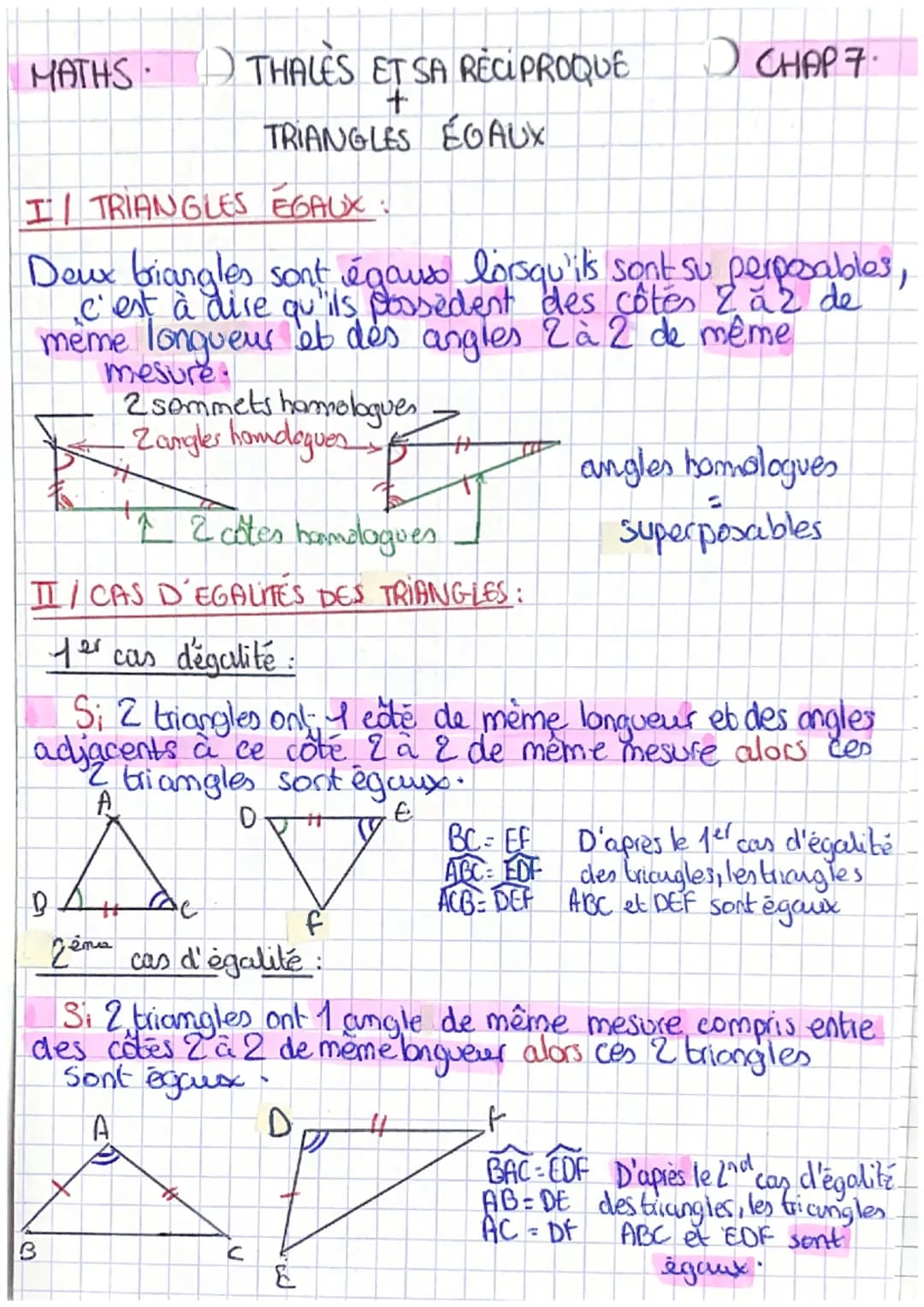 
<p>Les triangles égaux sont définis comme deux triangles superposables, c'est-à-dire qu'ils possèdent des côtés 2 à 2 de même longueur et d