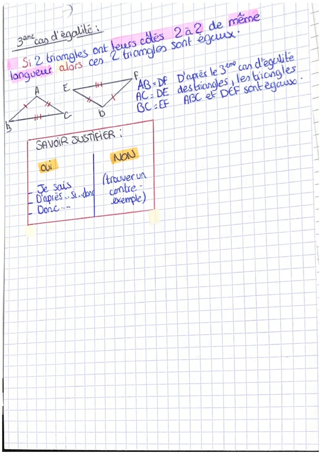 
<p>Les triangles égaux sont définis comme deux triangles superposables, c'est-à-dire qu'ils possèdent des côtés 2 à 2 de même longueur et d