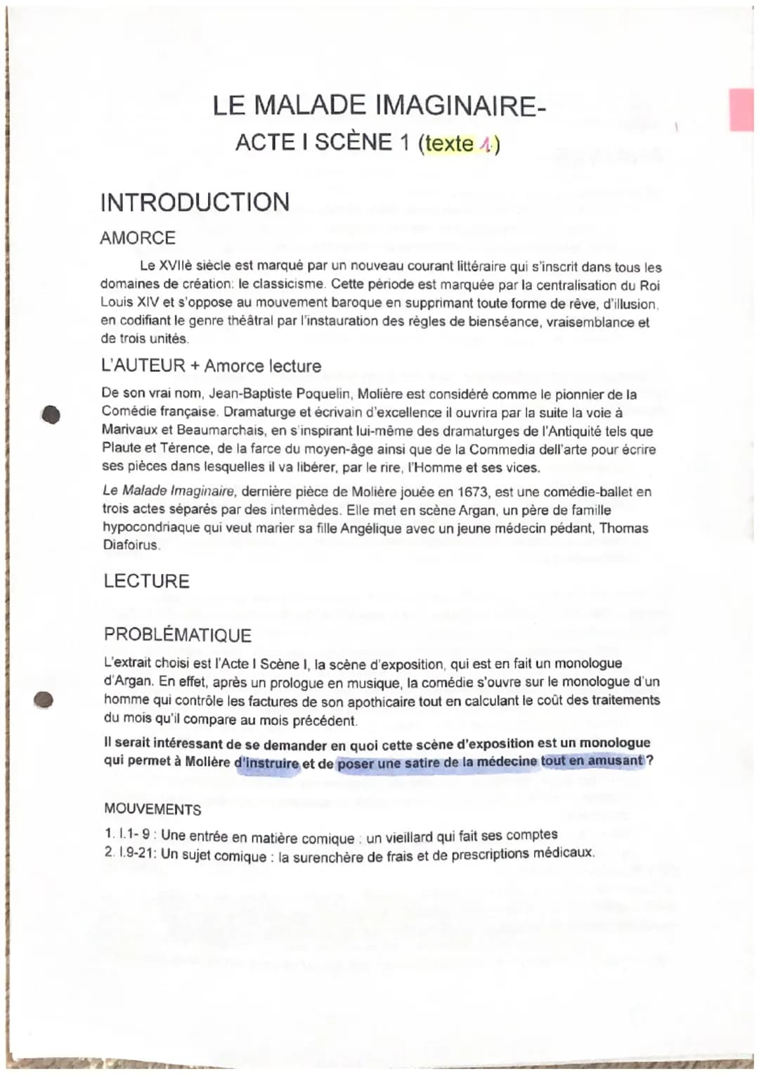 LE MALADE IMAGINAIRE-
ACTE I SCÈNE 1 (texte 4)
INTRODUCTION
AMORCE
Le XVIIe siècle est marqué par un nouveau courant littéraire qui s'inscri