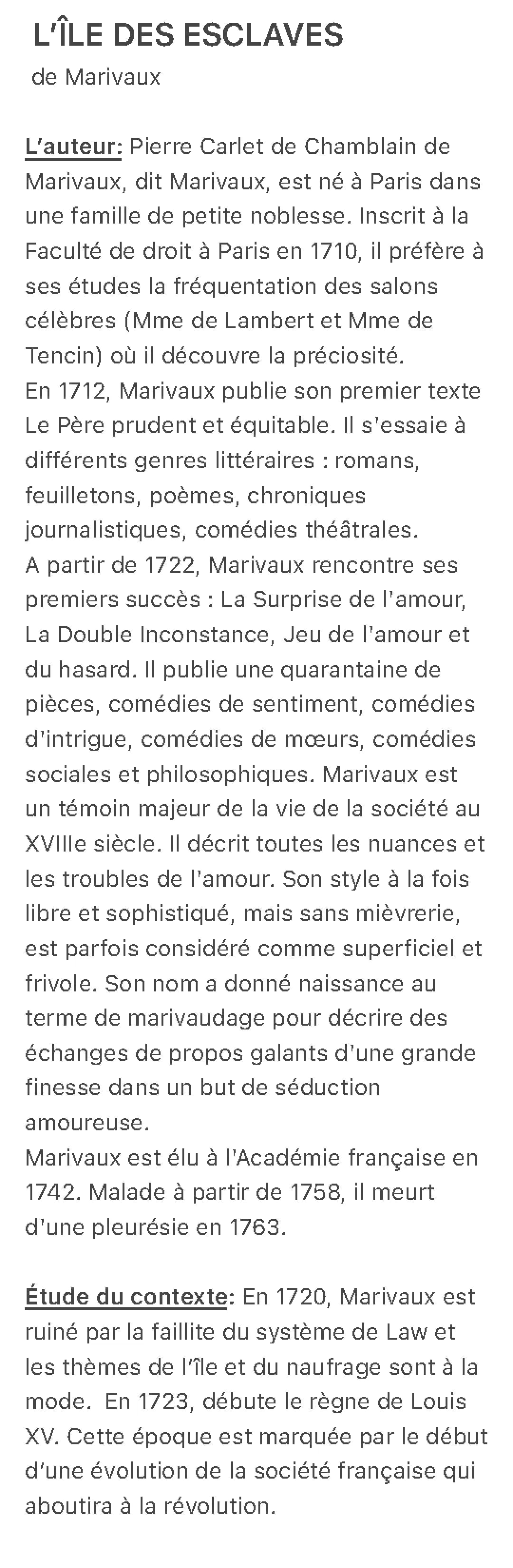 Résumé de L'île des esclaves scène par scène et questionnaire de lecture