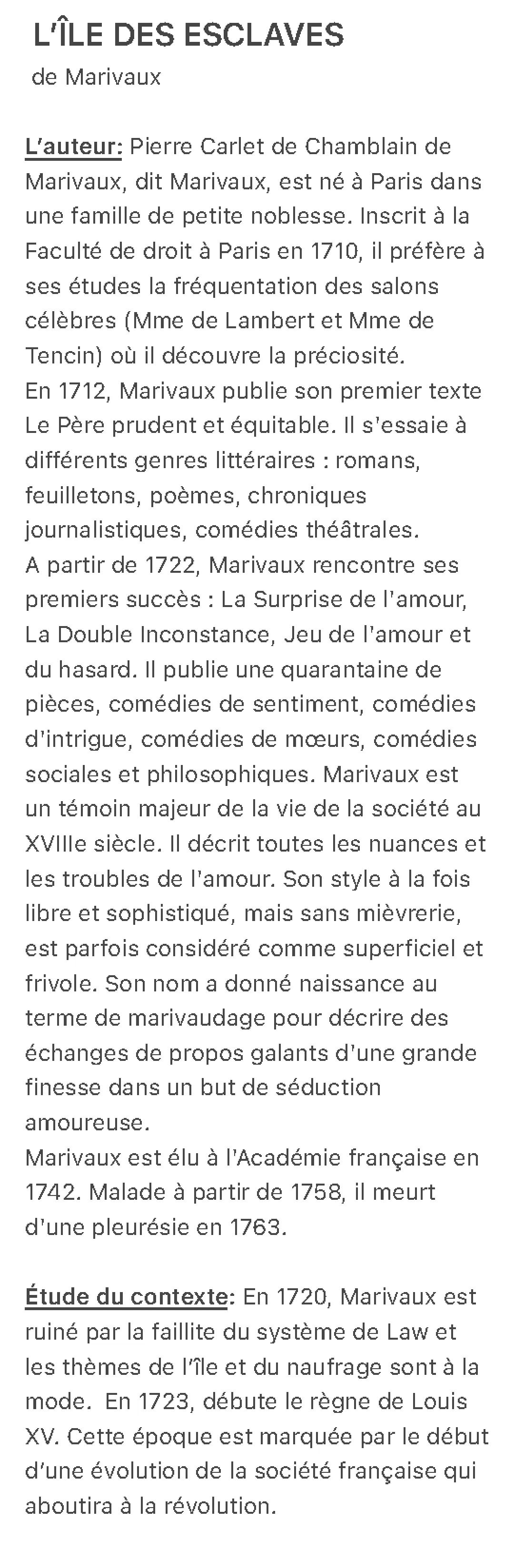 Résumé de L'île des esclaves scène par scène et questionnaire de lecture