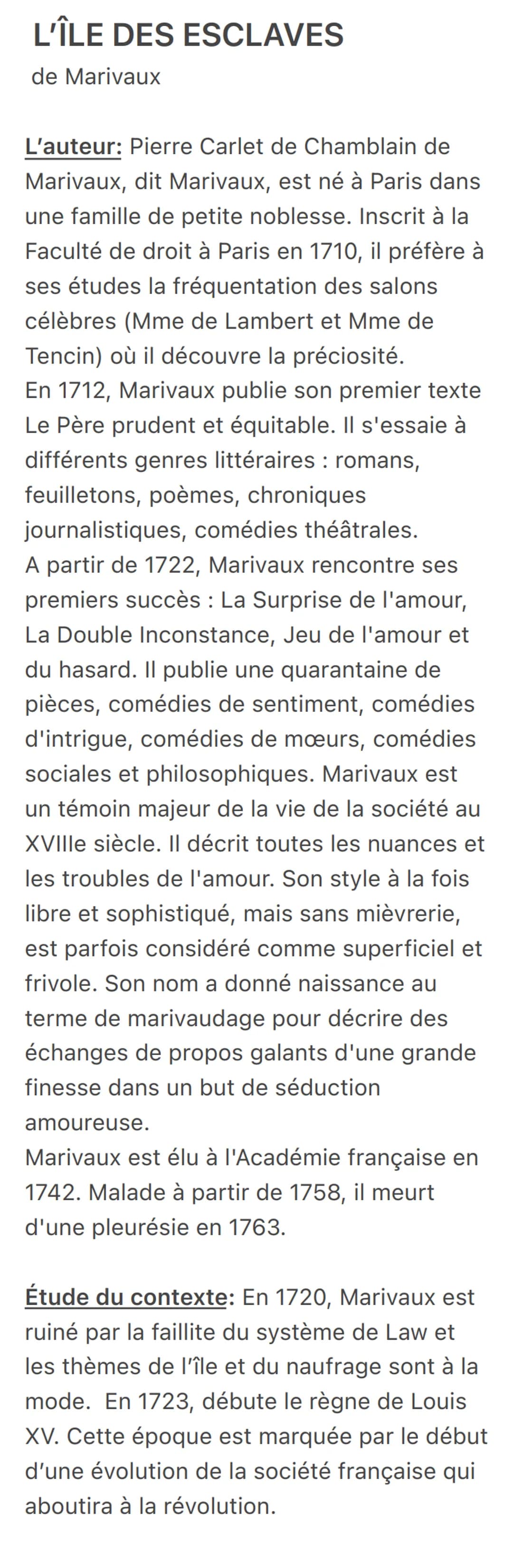 L'ÎLE DES ESCLAVES
de Marivaux
L'auteur: Pierre Carlet de Chamblain de
Marivaux, dit Marivaux, est né à Paris dans
une famille de petite nob