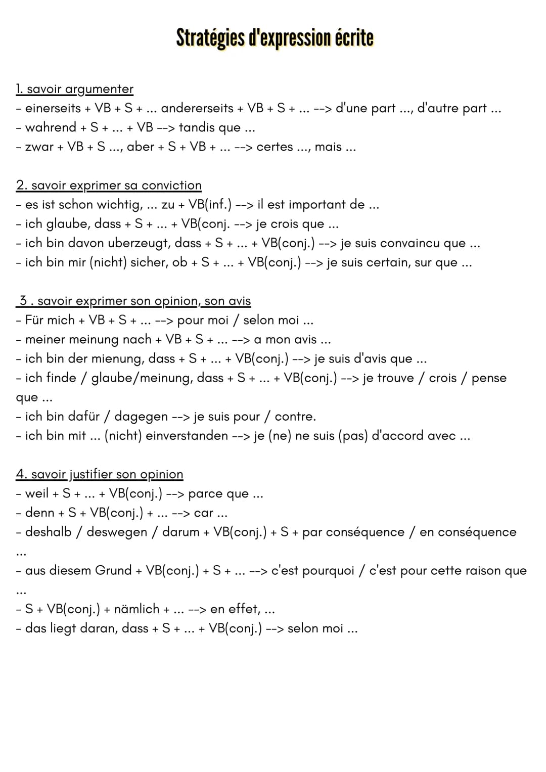 Stratégies d'expression écrite
1. savoir argumenter
- einerseits + VB + S + ... andererseits + VB + S + ... --> d'une part ...,
- wahrend + 
