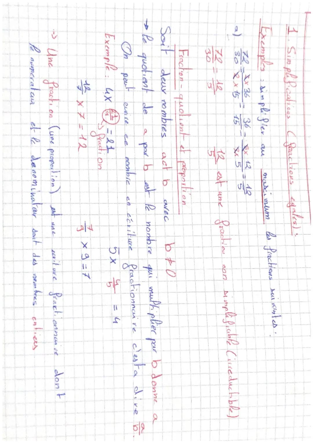 1. Simplifications (feactions egales).
Exemples simplifier
72 x 36
36
30 x 15
-
72 = 12
30
→ le quotient de
au
Fraction - quotient et propor
