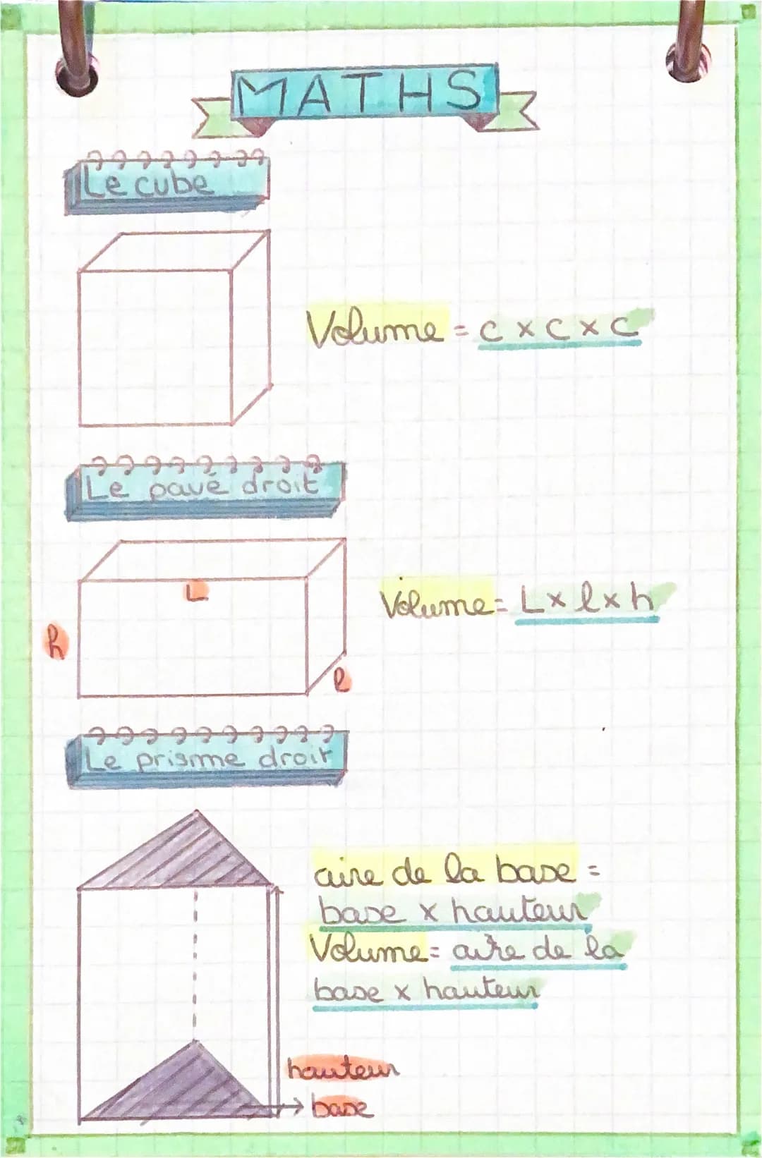 Le cube
MATHS
Volume = cxcx C
Le pave droit
e
Le prisme droit
Volume: Lxlxh
aire de la base =
base x hauteur
Volume aire de la
base x hauteu