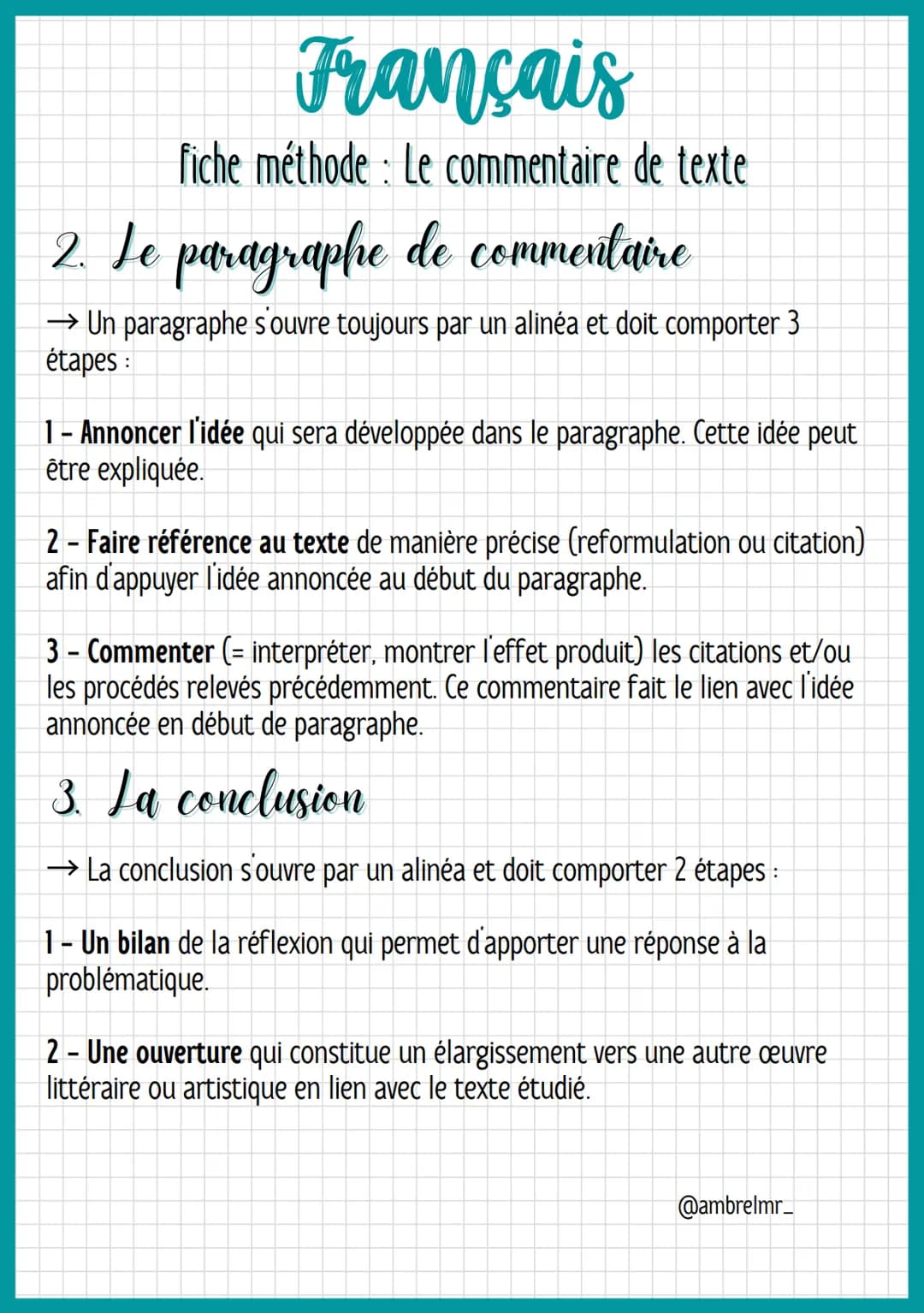 Français
fiche méthode: Le commentaire de texte
@ambrelmr_
1. L'introduction
→ L'introduction du commentaire doit comporter 4 étapes et ne d
