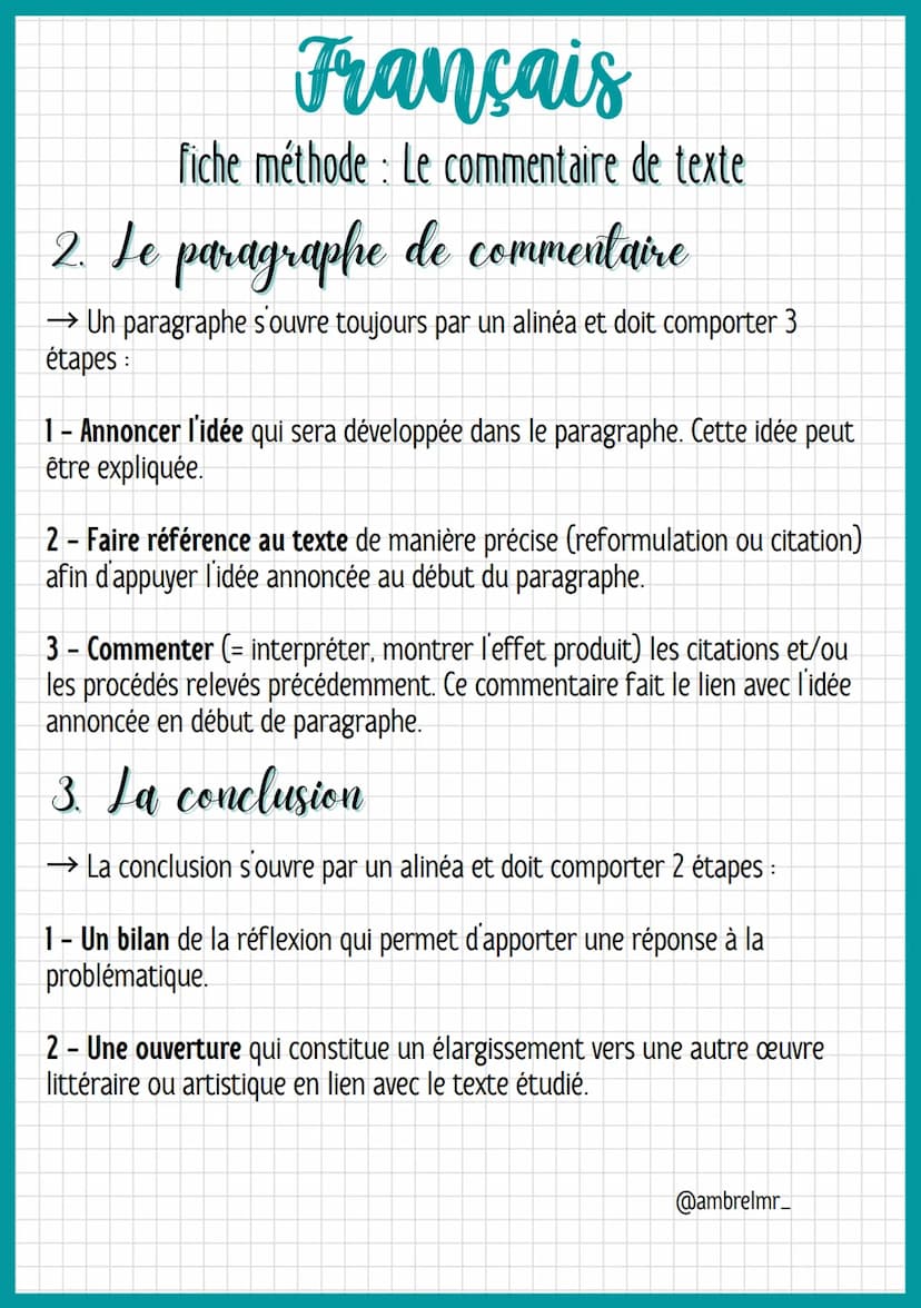 Français
fiche méthode: Le commentaire de texte
@ambrelmr_
1. L'introduction
→ L'introduction du commentaire doit comporter 4 étapes et ne d