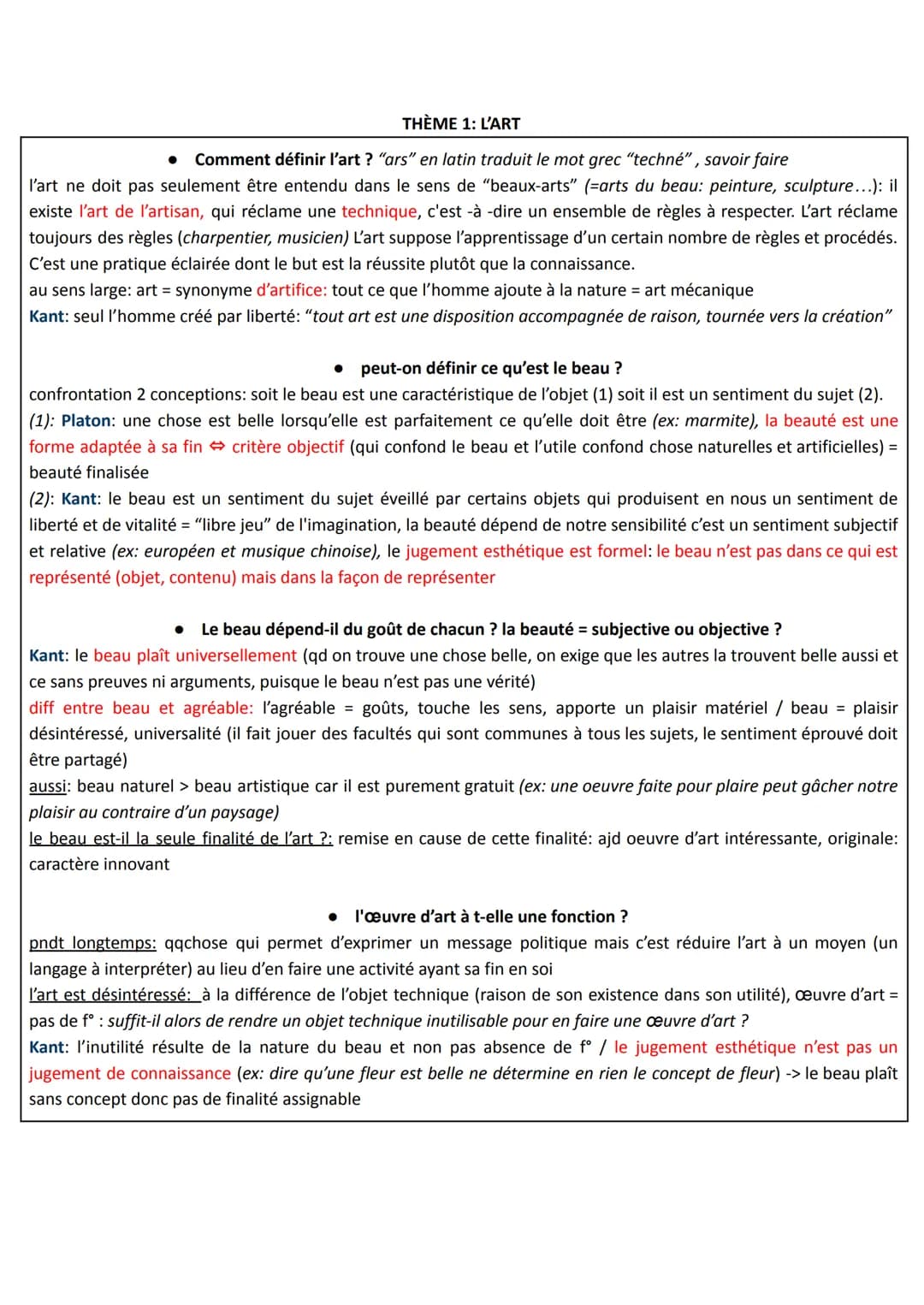 THÈME 1: L'ART
Comment définir l'art ? "ars" en latin traduit le mot grec "techné", savoir faire
l'art ne doit pas seulement être entendu da