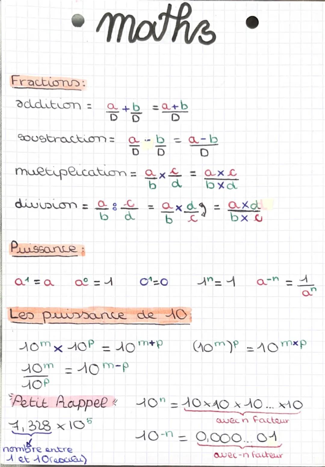 # maths

Fractions:
addition = $\frac{a}{b} + \frac{b}{d} = \frac{a+b}{d}$
soustraction = $\frac{a}{b} - \frac{b}{d} = \frac{a-b}{d}$
multip
