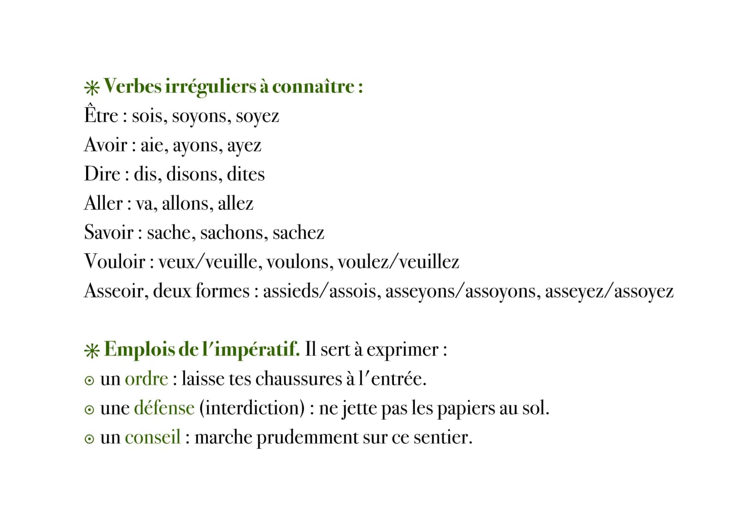 L'IMPÉRATIF PRÉSENT
Ce qu'il faut savoir :
* Le mode impératif se conjugue à trois personnes seulement.
*Le sujet du verbe n'est pas exprimé
