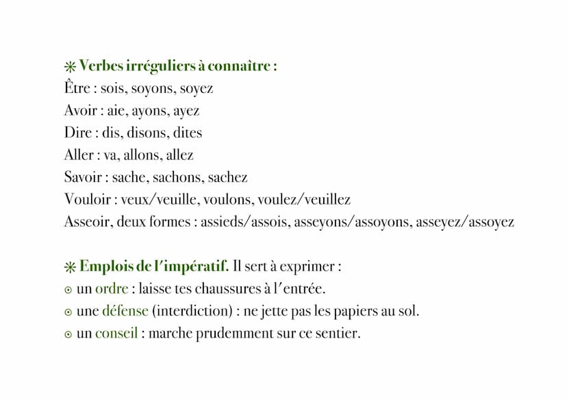 L'IMPÉRATIF PRÉSENT
Ce qu'il faut savoir :
* Le mode impératif se conjugue à trois personnes seulement.
*Le sujet du verbe n'est pas exprimé