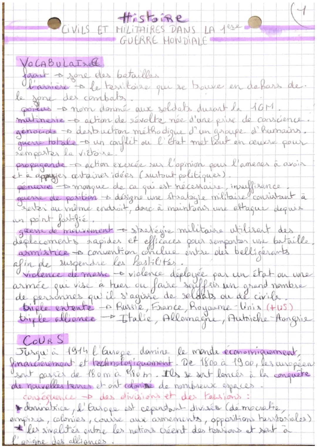 Histoine
CIVILS ET MILITAIRES DANS LA yere
GUERRE MONDIALE
VOCABULAIrelt
format + jone eles batailles
l'arrière + le territoire qui se trouv