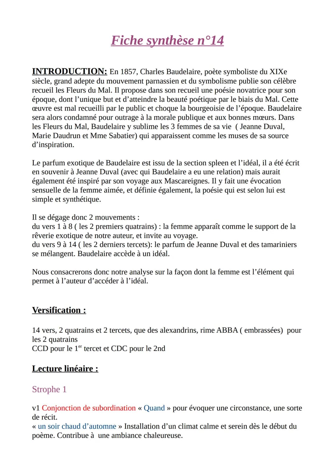 Fiche synthèse n°14
INTRODUCTION: En 1857, Charles Baudelaire, poète symboliste du XIXe
siècle, grand adepte du mouvement parnassien et du s