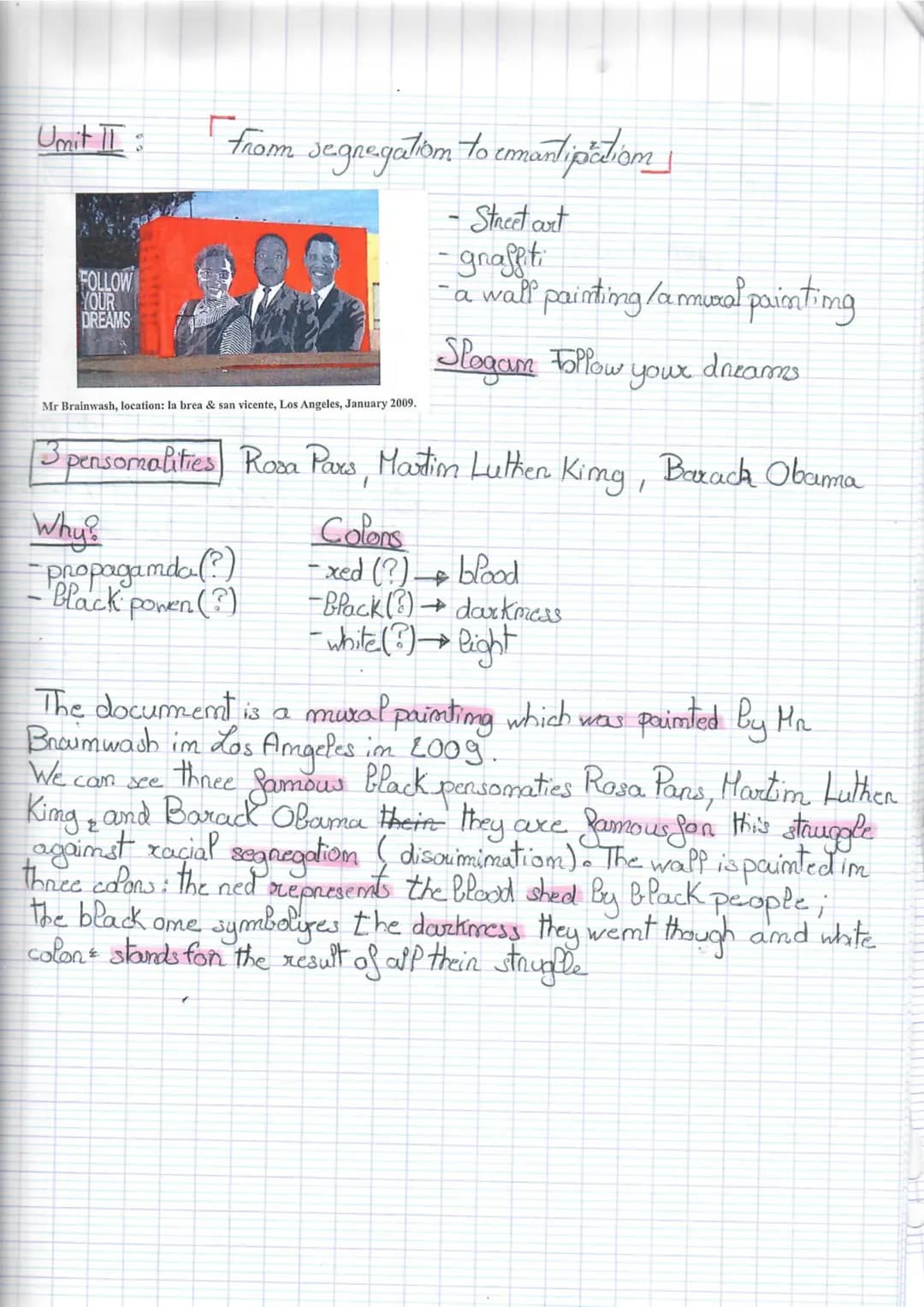 Unit II :
FOLLOW
YOUR
DREAMS
from segregation to enantipiction
Street art
-graffiti
- a wall painting /amural painting
Slogam Follow your dr