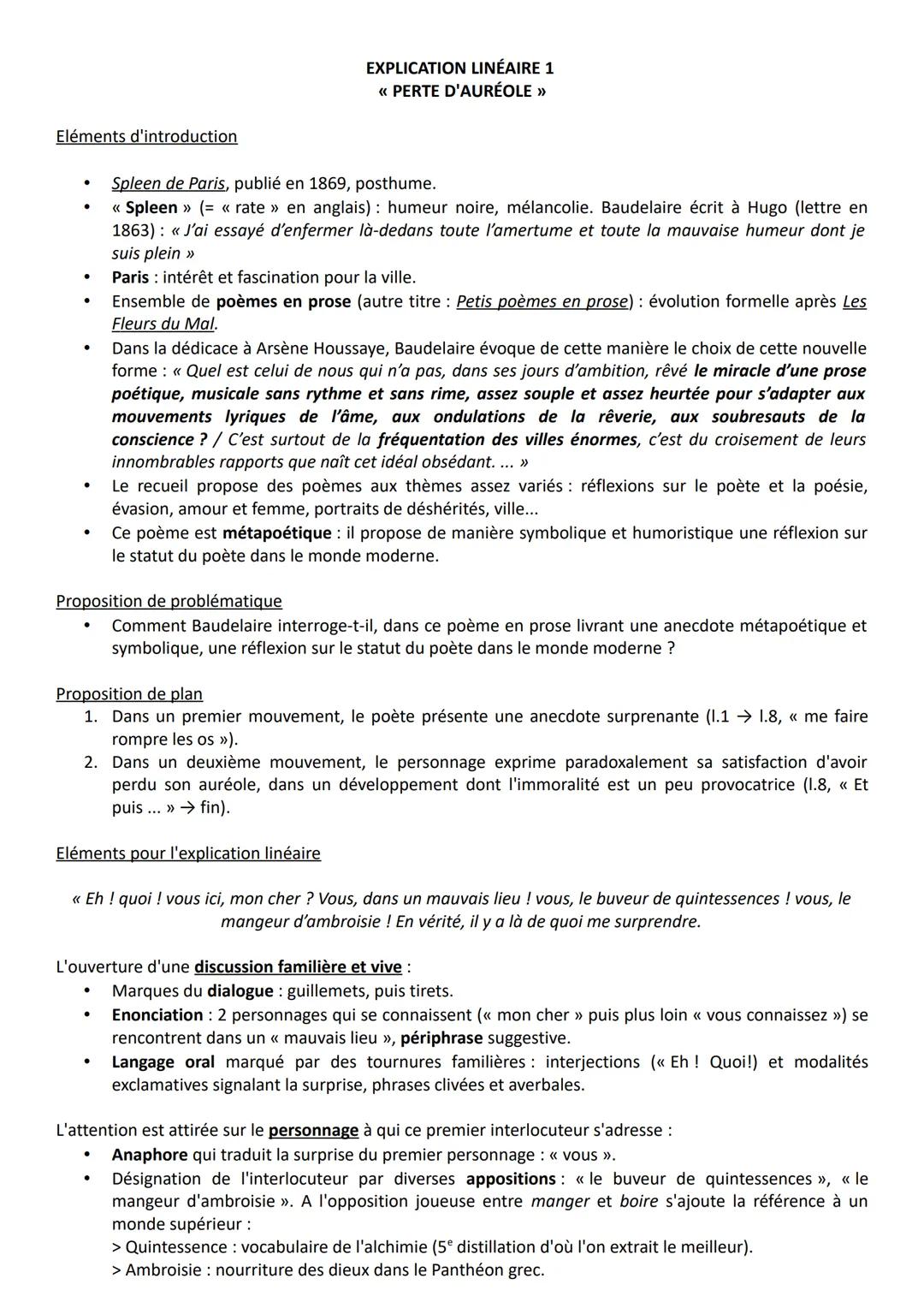 # EXPLICATION LINÉAIRE 1
<<< PERTE D'AURÉOLE >>>

Eléments d'introduction

*   Spleen de Paris, publié en 1869, posthume.
*   << Spleen >> (
