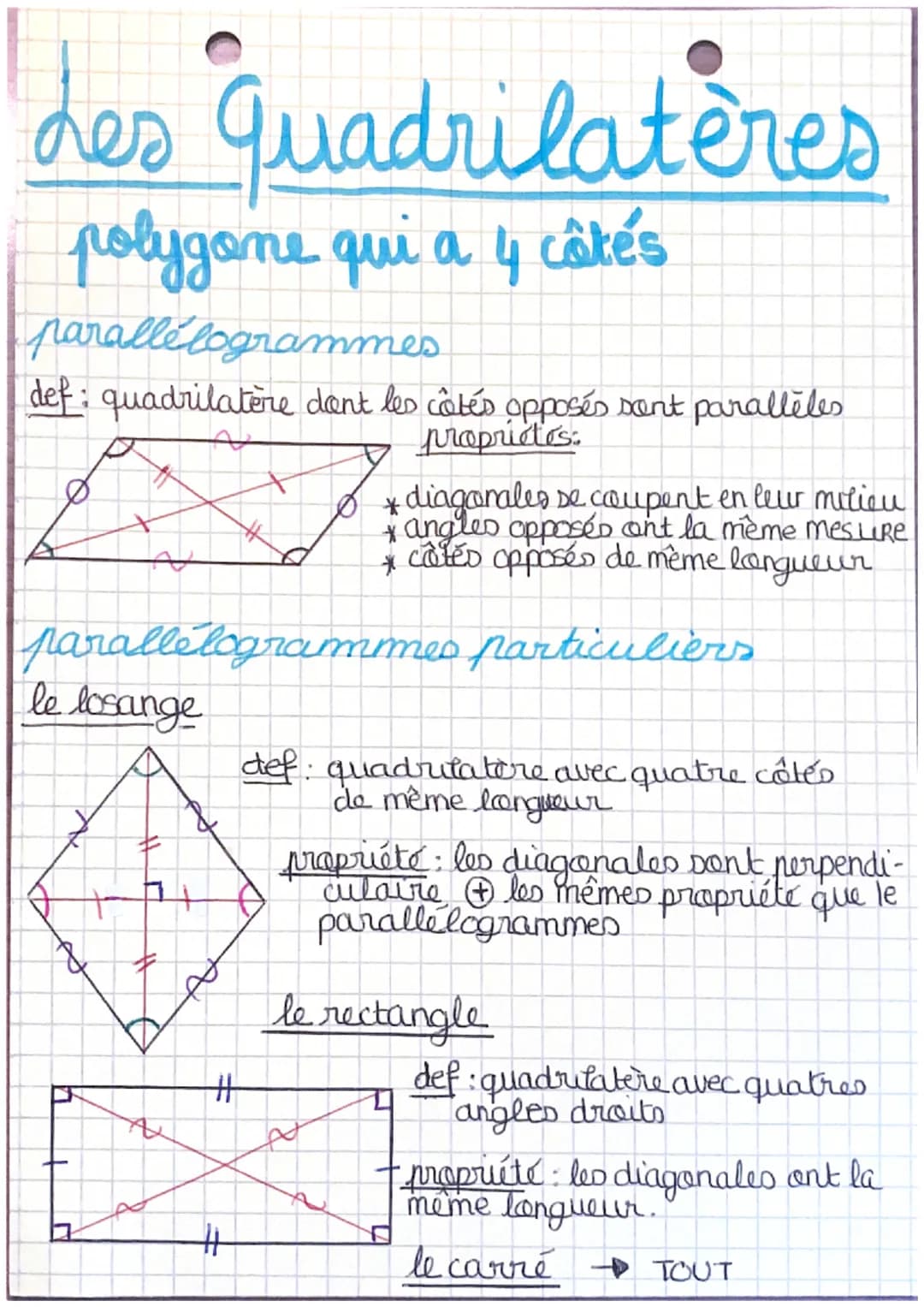 Les quadrilatères
polygone qui a 4 câtés
parallelogrammes.
def: quadrilatère dont les côtés opposés sont parallèles
proprietés:
parallelogra