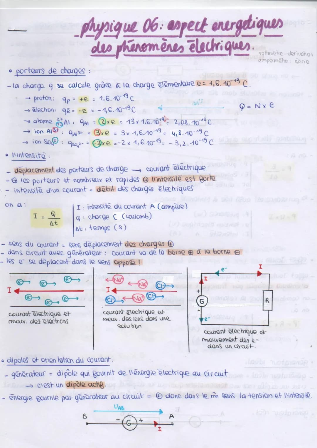 • porteurs de charges :
Spang
- la charge q se calcule grâce à la charge elementaire e = 1,6.10-19 C.
→ion So
• l'intensite:
proton: qp = + 
