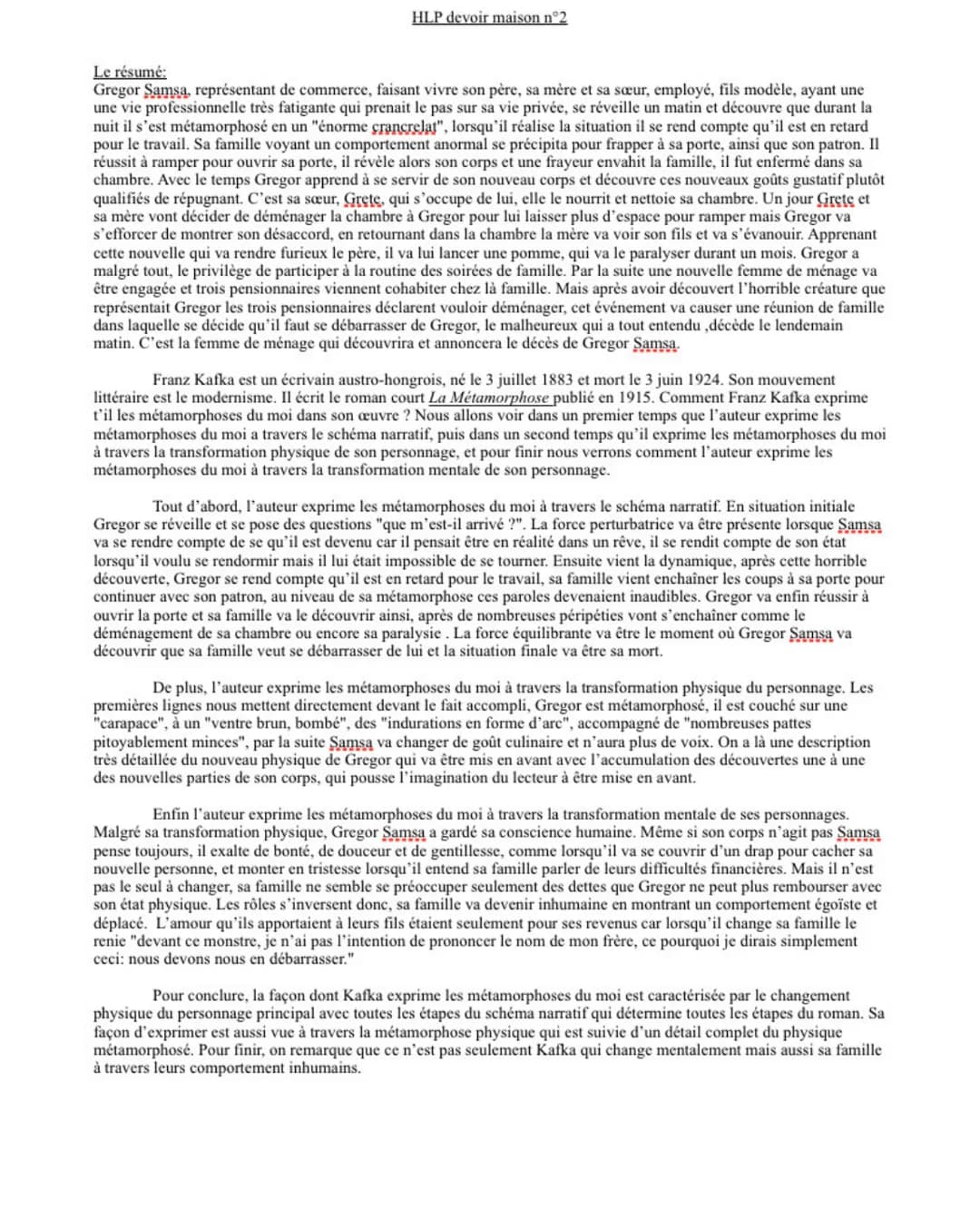 HLP devoir maison n°2
Le résumé:
Gregor Samsa, représentant de commerce, faisant vivre son père, sa mère et sa sœur, employé, fils modèle, a