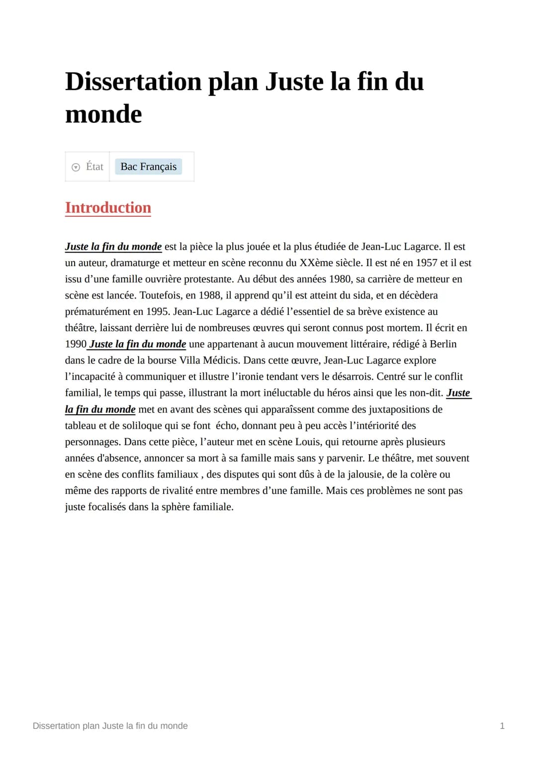 Dissertation plan Juste la fin du
monde
Ⓒ État
Bac Français
Introduction
Juste la fin du monde est la pièce la plus jouée et la plus étudiée
