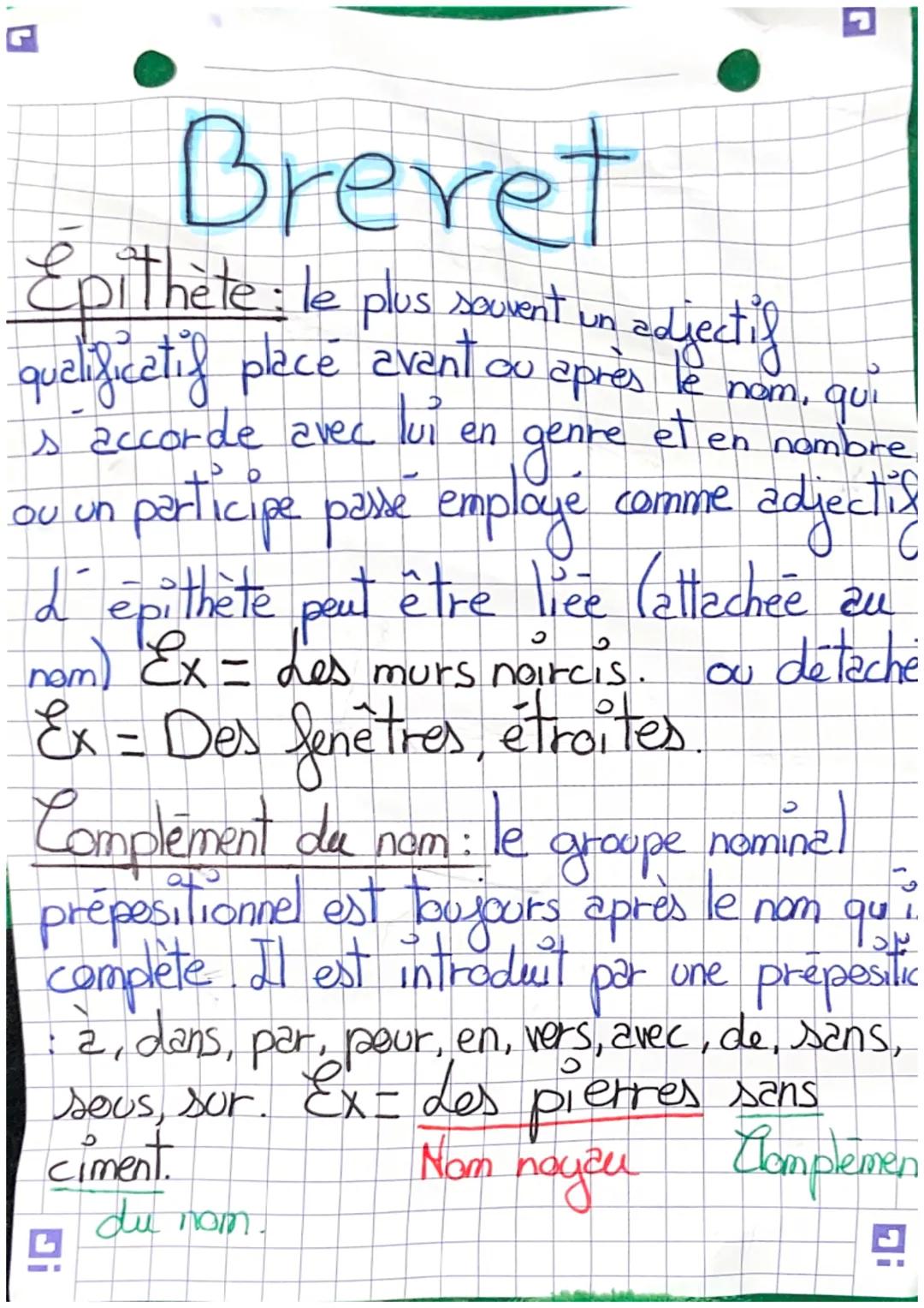 G
# Brevet

Epithète le plus savent in adjectif
qualificatif place avant ou après le nom, qui
s'accorde avec lui en genre et en nombre.
ou u