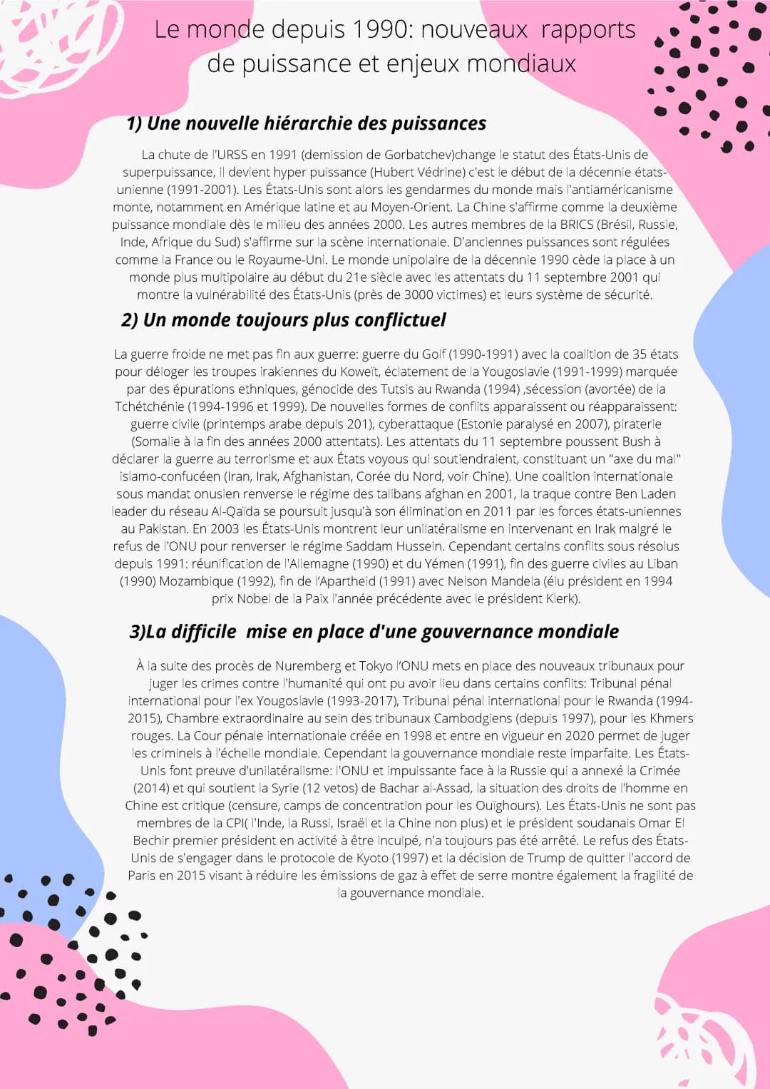 Le monde depuis 1990: nouveaux rapports de puissance et enjeux mondiaux