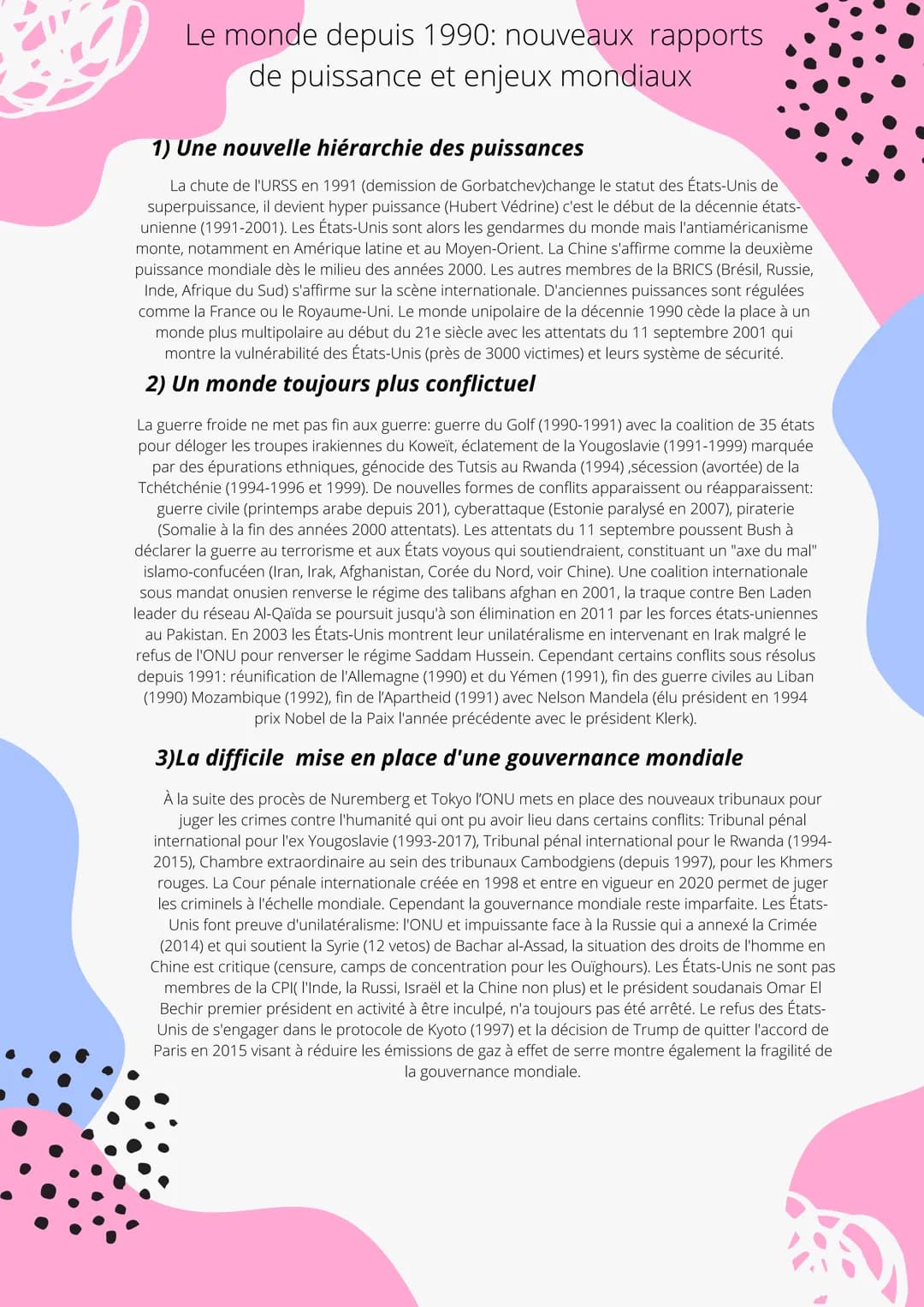 Le monde depuis 1990: nouveaux rapports
de puissance et enjeux mondiaux
1) Une nouvelle hiérarchie des puissances
La chute de l'URSS en 1991