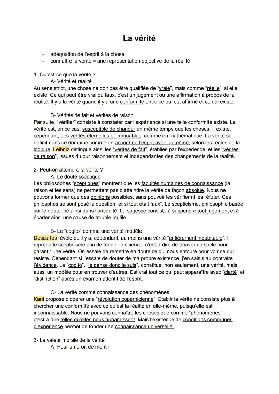 adéquation de l'esprit à la chose
La vérité
connaître la vérité = une représentation objective de la réalité
1- Qu'est-ce que la vérité ?
A-