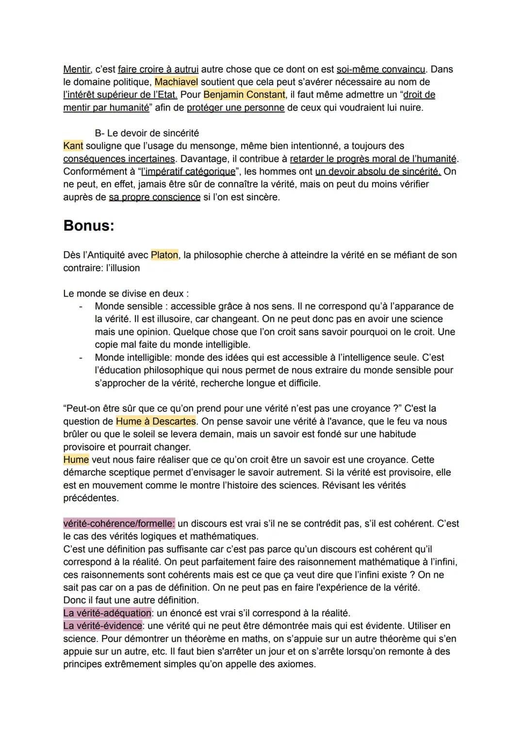 adéquation de l'esprit à la chose
La vérité
connaître la vérité = une représentation objective de la réalité
1- Qu'est-ce que la vérité ?
A-