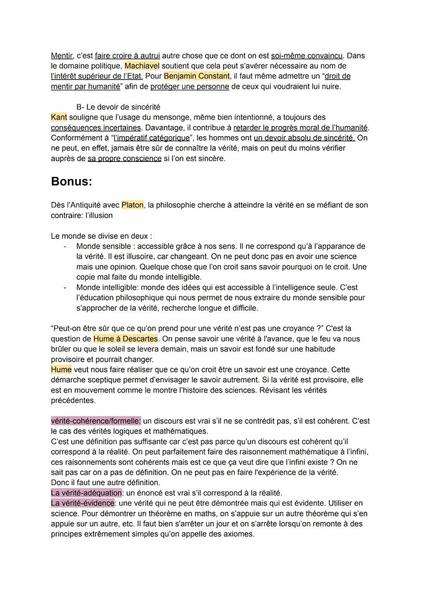 adéquation de l'esprit à la chose
La vérité
connaître la vérité = une représentation objective de la réalité
1- Qu'est-ce que la vérité ?
A-