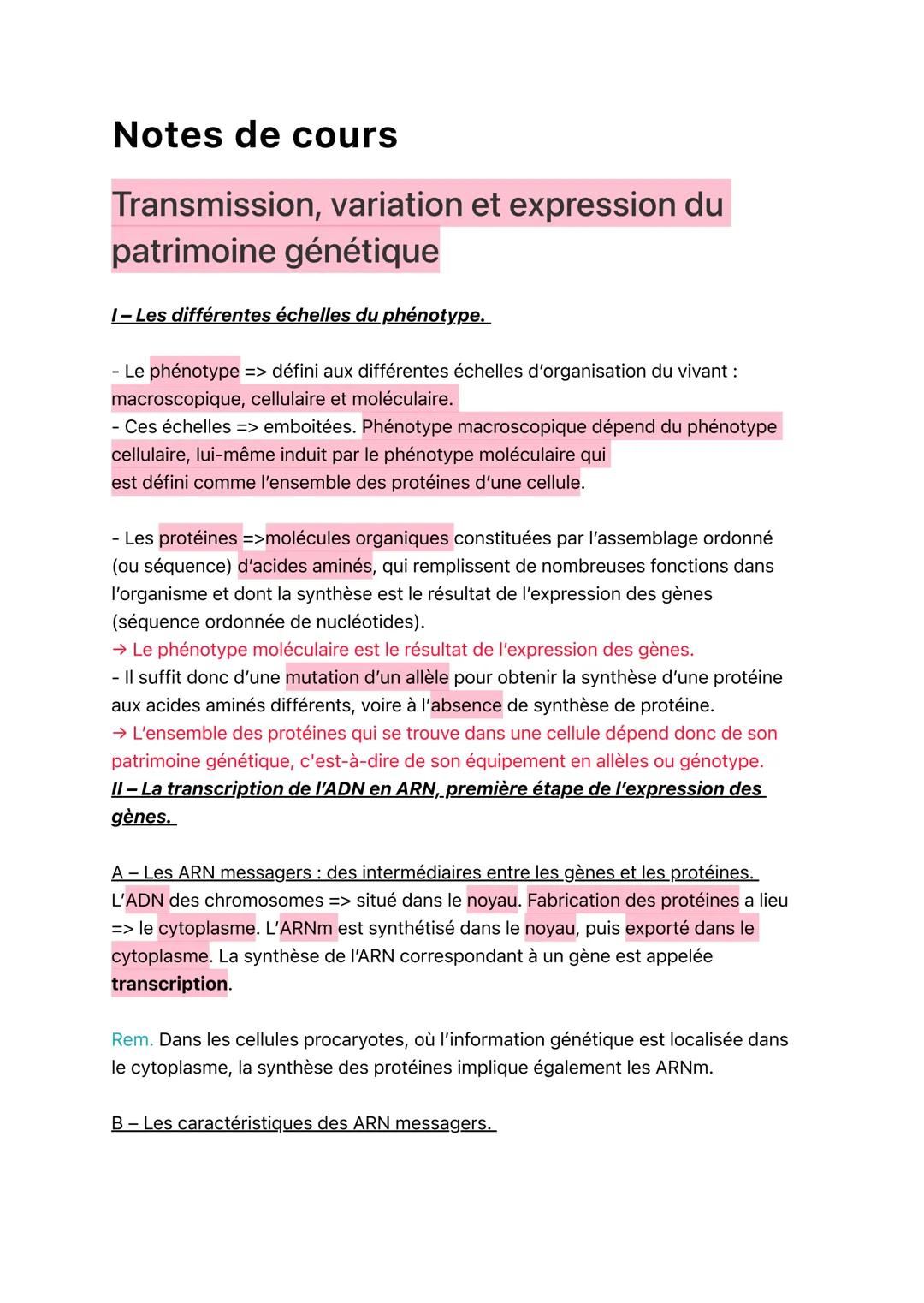 Notes de cours
Transmission, variation et expression du
patrimoine génétique
I-Les différentes échelles du phénotype.
- Le phénotype => défi