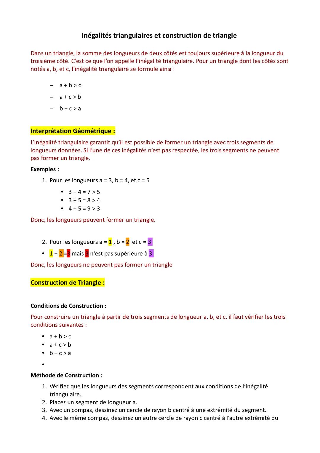 Comprendre les inégalités triangulaires et la construction de triangles