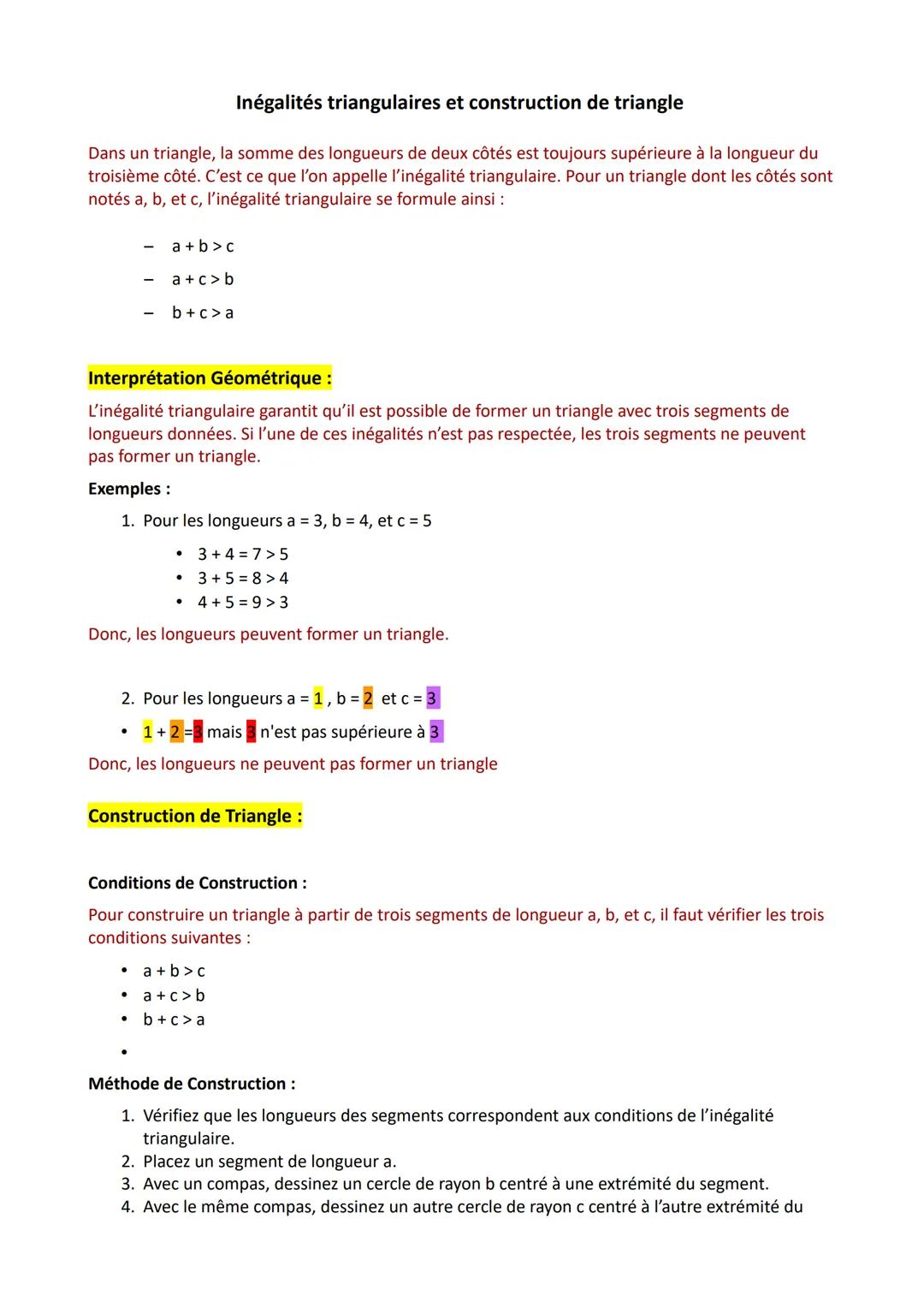 Inégalités triangulaires et construction de triangle
Dans un triangle, la somme des longueurs de deux côtés est toujours supérieure à la lon