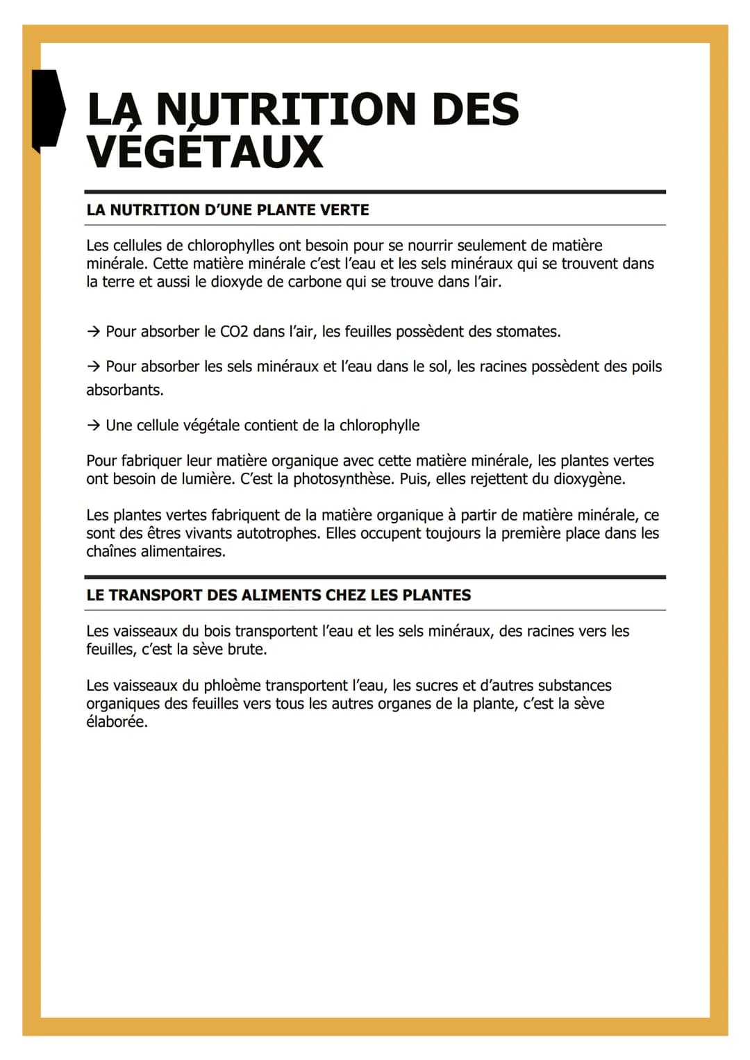 LA NUTRITION DES
VÉGÉTAUX
LA NUTRITION D'UNE PLANTE VERTE
Les cellules de chlorophylles ont besoin pour se nourrir seulement de matière
miné