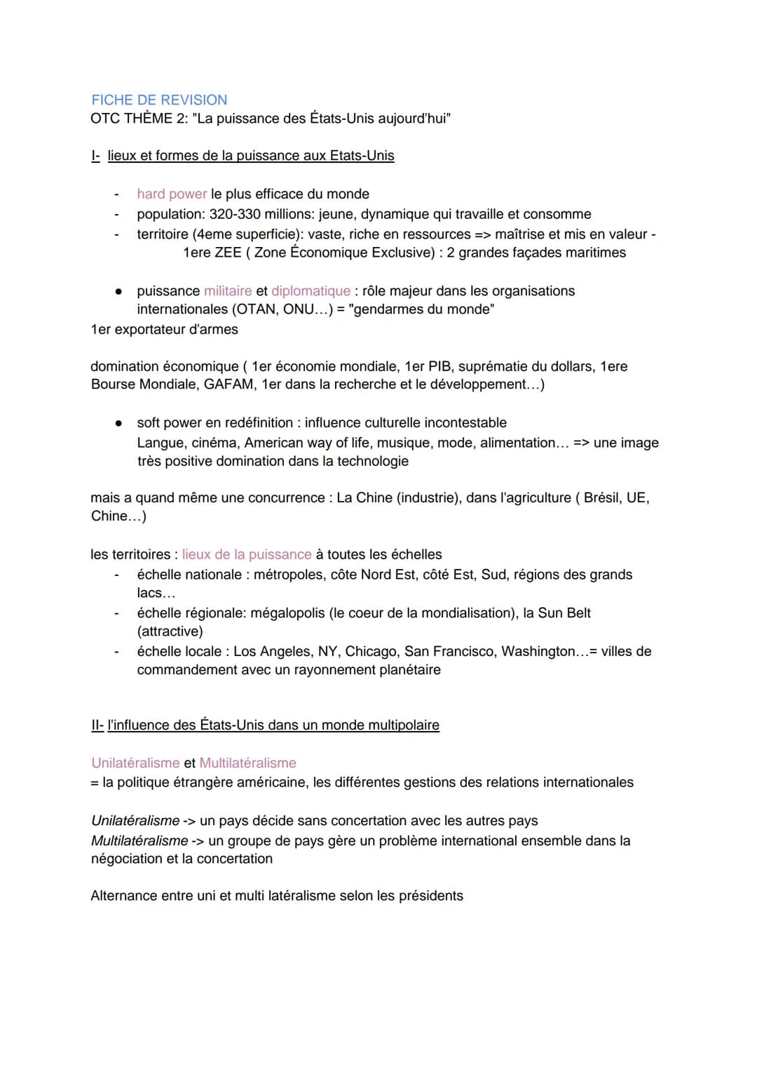 FICHE DE REVISION
OTC THÈME 2: "La puissance des États-Unis aujourd'hui"
- lieux et formes de la puissance aux Etats-Unis
hard power le plus