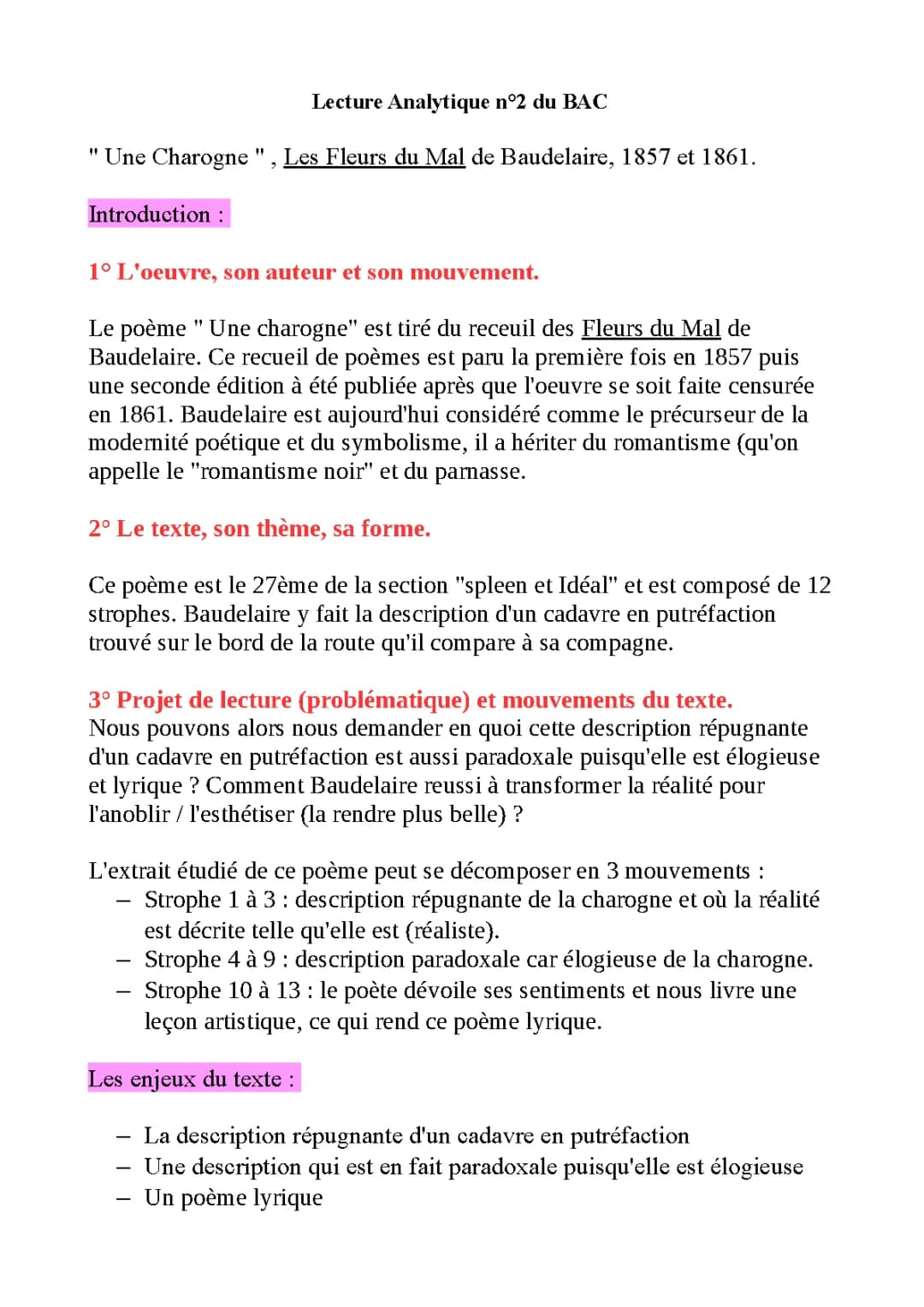 Une Charogne de Baudelaire: Explication linéaire, Résumé, Texte PDF