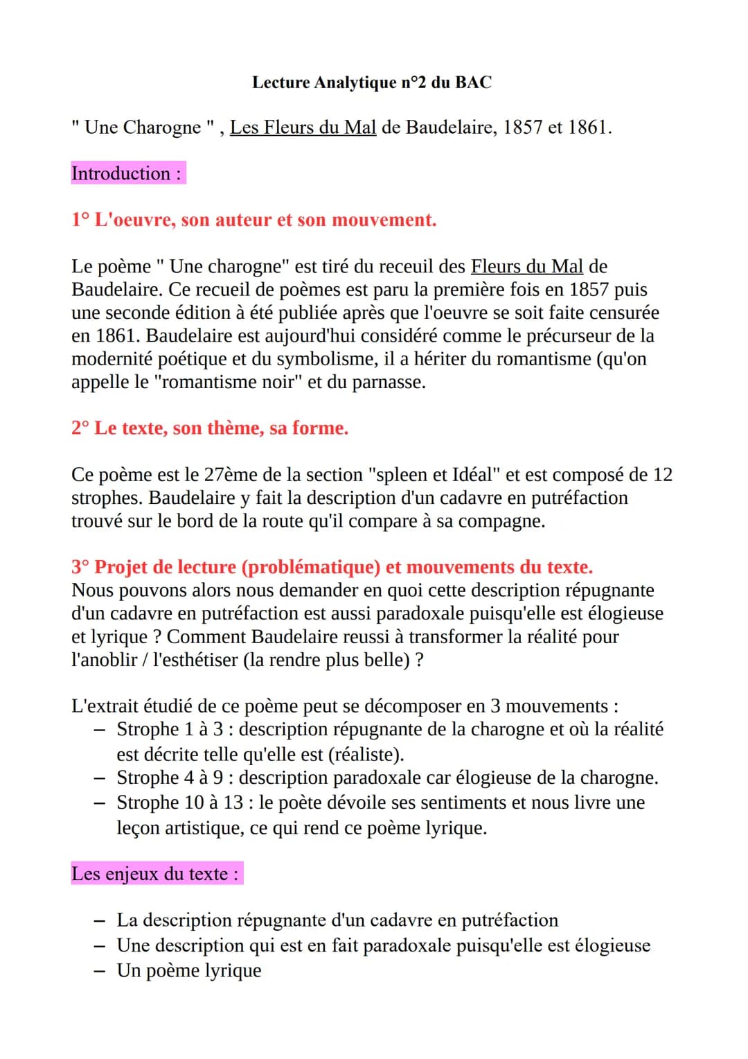 Lecture Analytique n°2 du BAC
Une Charogne ", Les Fleurs du Mal de Baudelaire, 1857 et 1861.
Introduction :
1° L'oeuvre, son auteur et son m