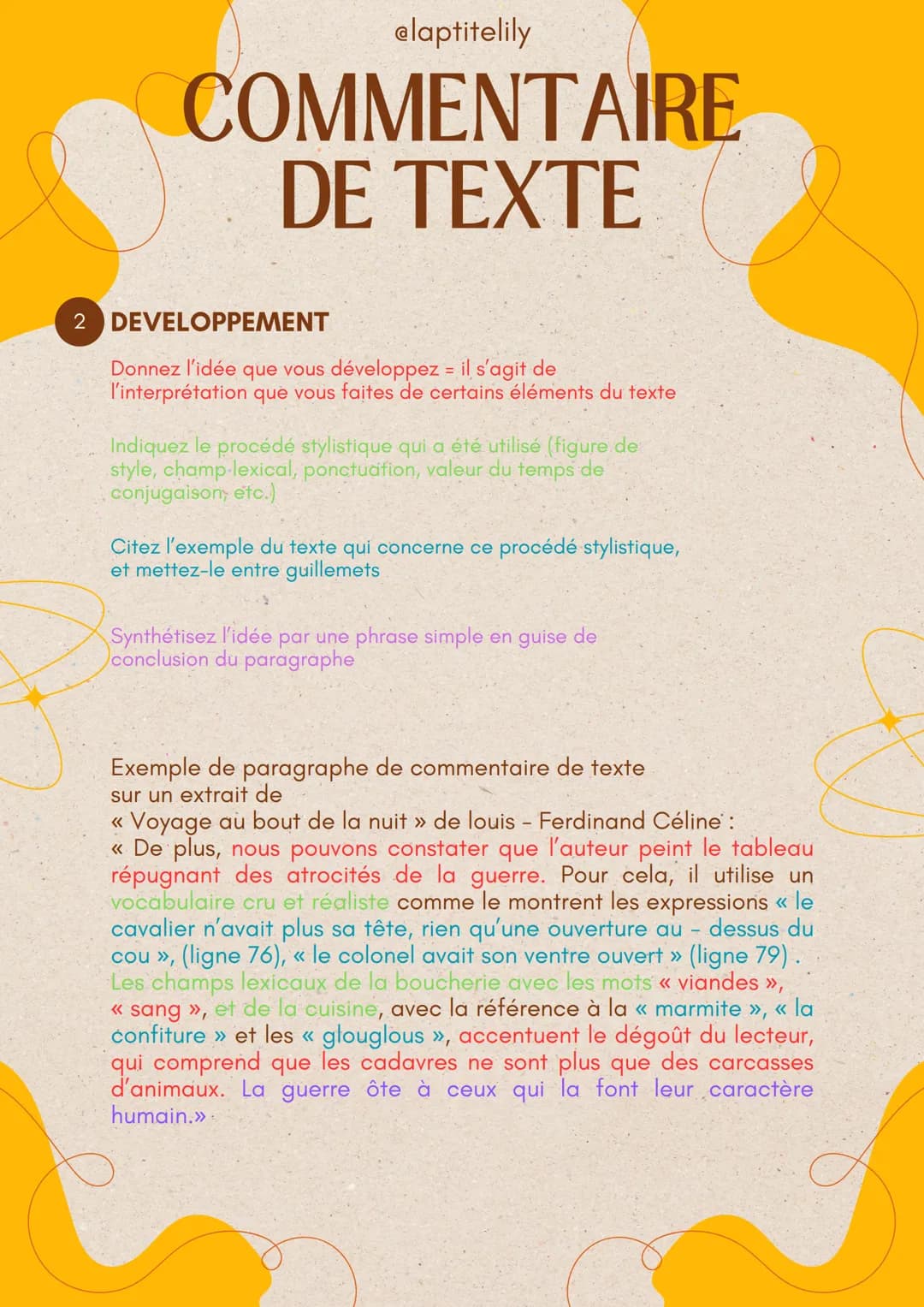 # @laptitelily
# COMMENTAIRE
# DE TEXTE

2 **DEVELOPPEMENT**

Donnez l'idée que vous développez = il s'agit de
l'interprétation que vous fai