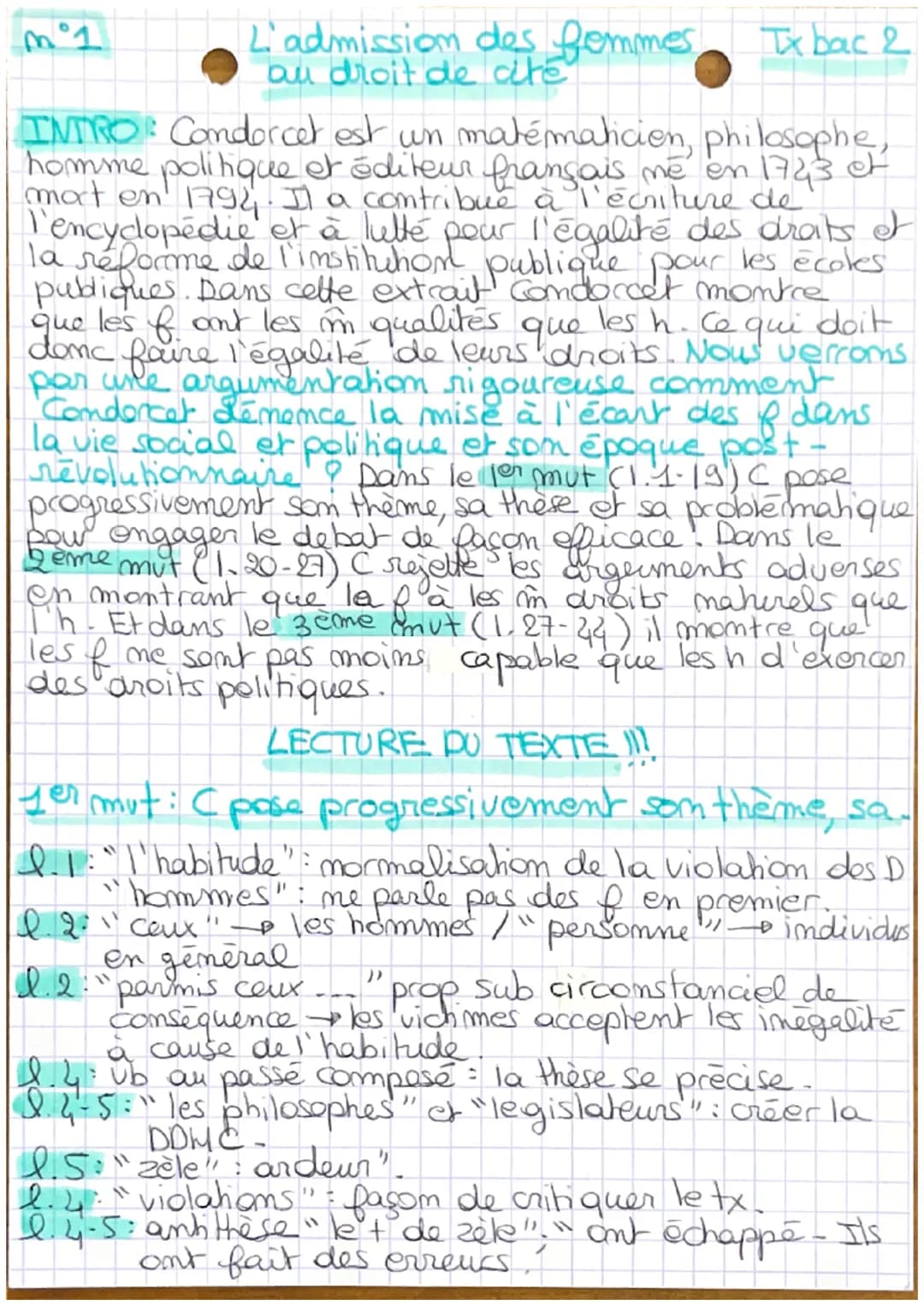 L'admission des femmes
au droit de cite
Tx bac 2
INTRO: Condorcet est un matematicien, philosophe,
homme politique et éditeur français me en