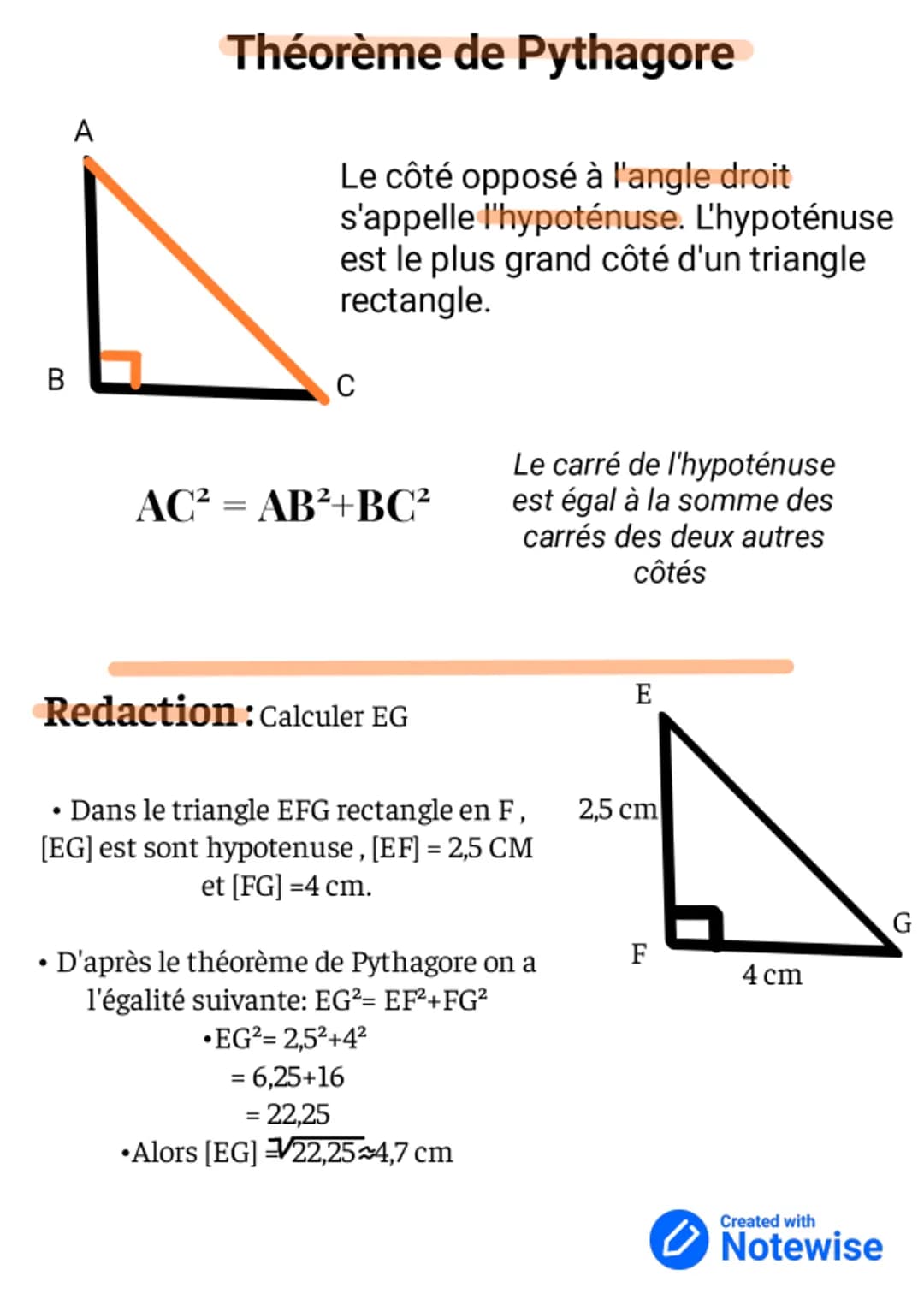 B
A
●
Théorème de Pythagore
●
Le côté opposé à l'angle droit
s'appelle l'hypoténuse. L'hypoténuse
est le plus grand côté d'un triangle
recta